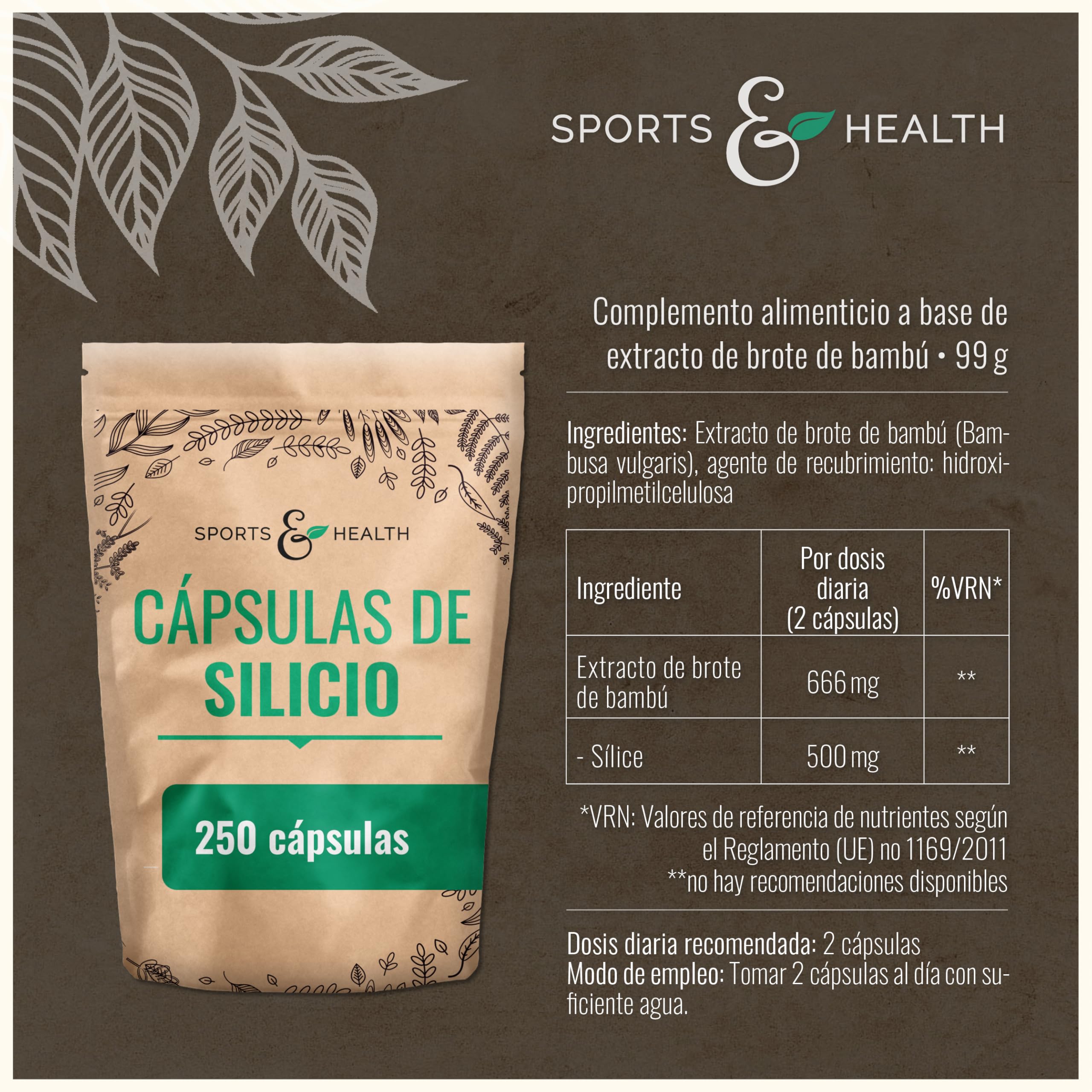 Cápsulas de Silicio - 250 Cápsulas - Silicio de Extracto de Brote de Bambú - Alta Dosis de Sílice - 500 mg por dosis diaria - silicio capsulas