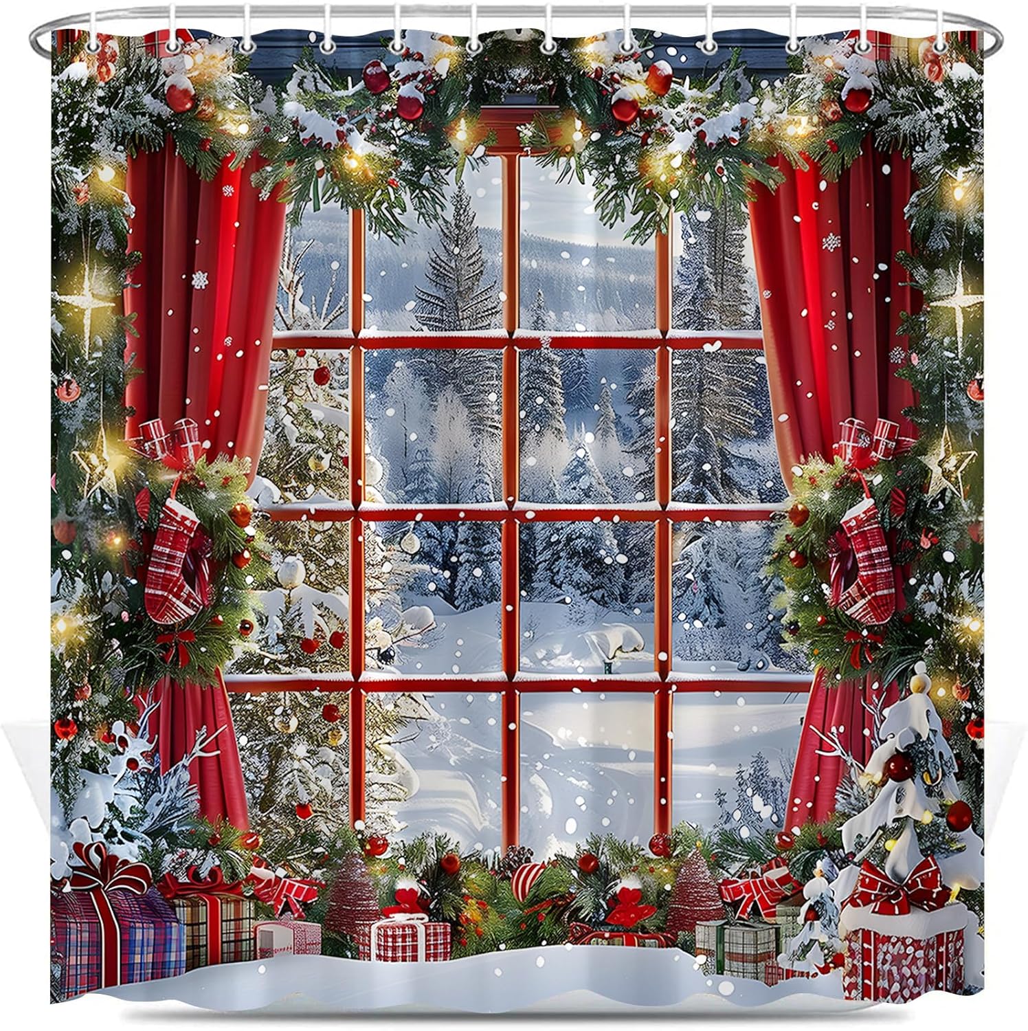 Merry Christmas Shower Curtain Winter Forest Snow Xmas Wreath Snowflake Pine Bough Rustic Happy New Year Holiday Polyester Fabric Bathroom Decor Set with Hooks 70X90 Inch