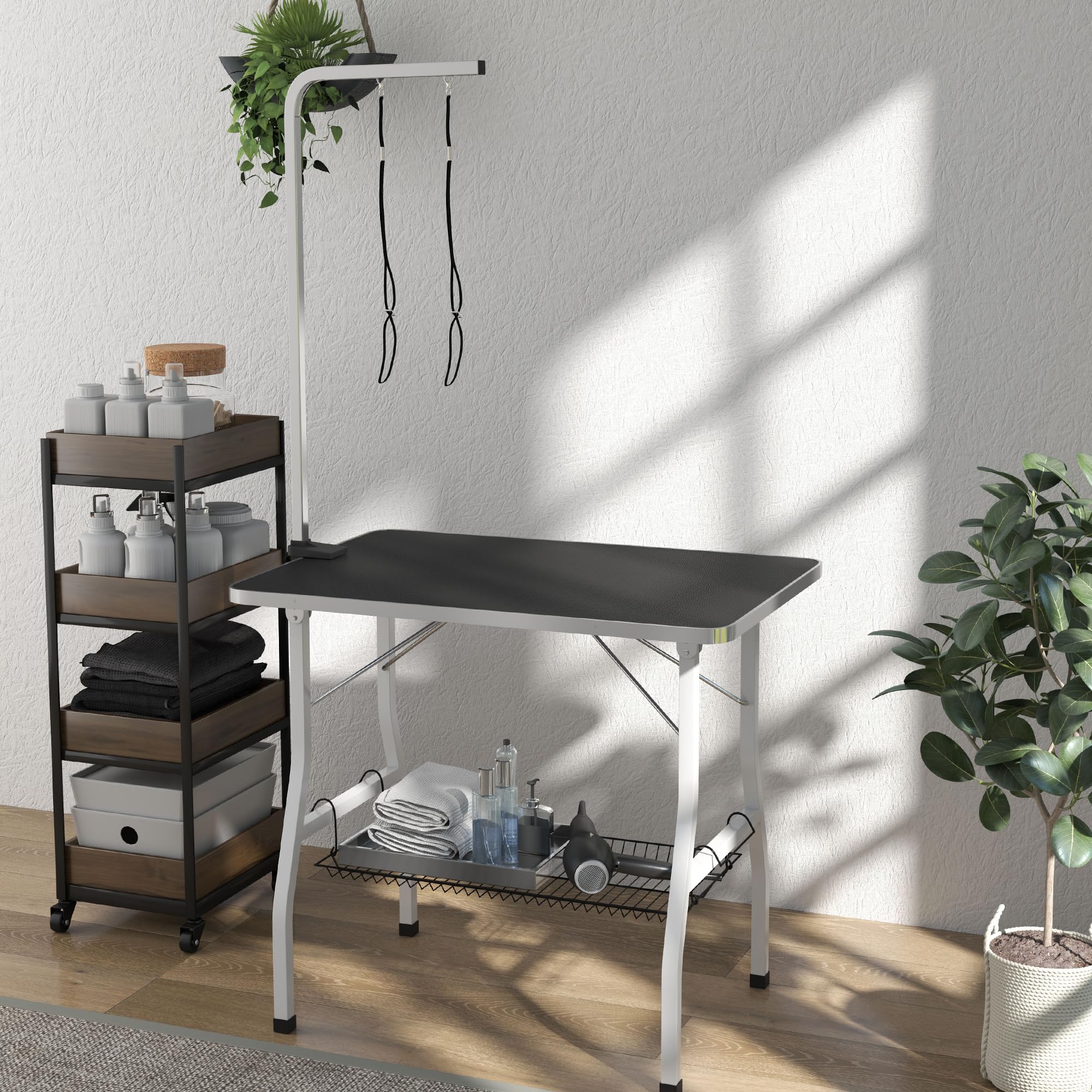 PawHut Table de toilettage pour Chien Pliante 90x60x76cm, Stable - Plateau antidérapant Caoutchouc, 2 Sangles - Potence réglable INOX et Panier - Station d'entretien pour Petits/Moyens Chiens, Noir