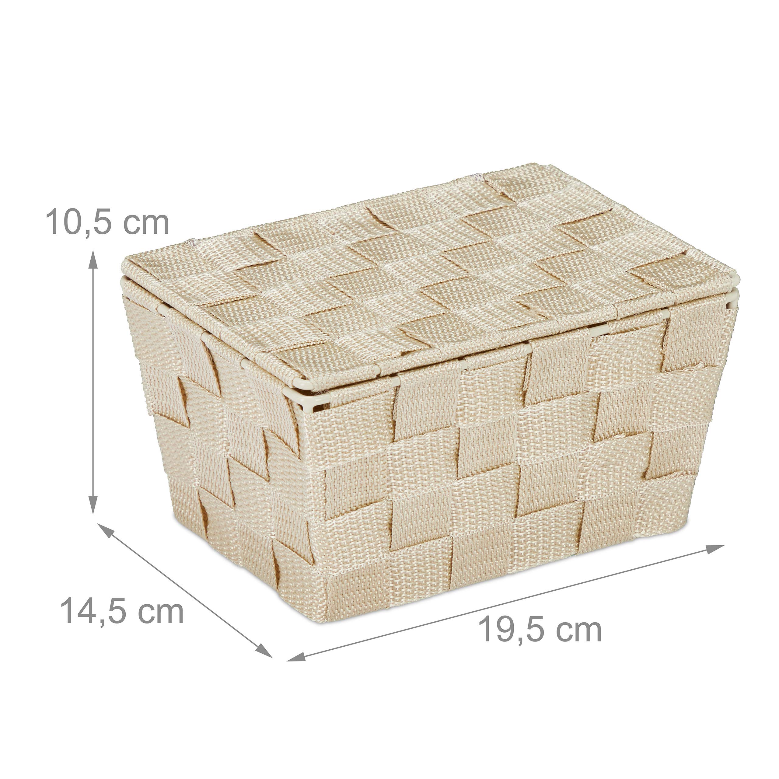 Relaxdays Kosz do przechowywania z pokrywką, wygląd plecionki, organizer łazienkowy wys. x szer. x gł.: 10,5 x 19,5 x 14,5 cm, tworzywo sztuczne, beżowy