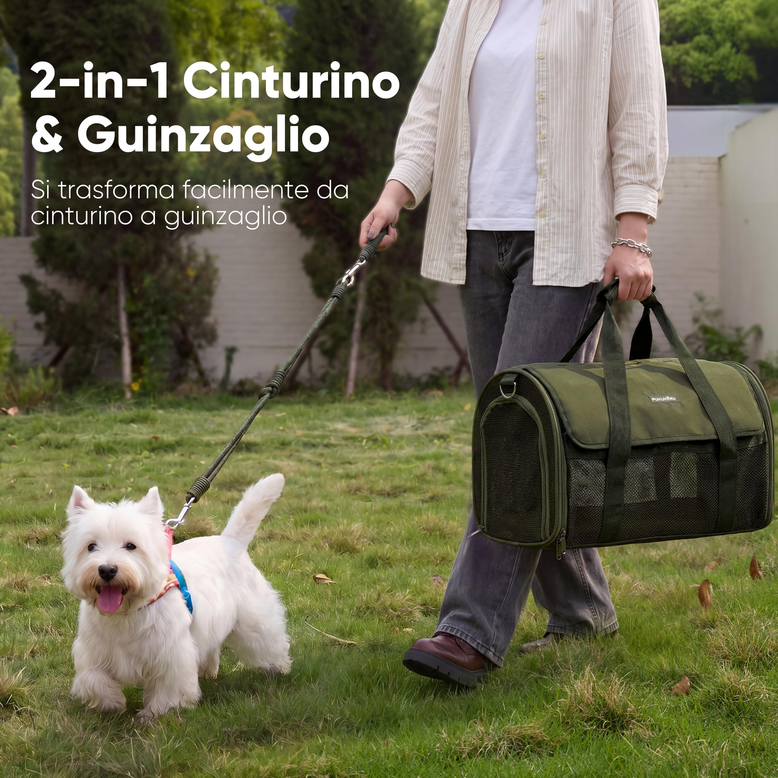 FUKUMARU Trasportino Gatto Cane Piccolo, Leggero e Traspirante, 46x28x28 cm, Approvato per Volo in Cabina, Pieghevole Morbido, Rete Anti-Graffio, Verde