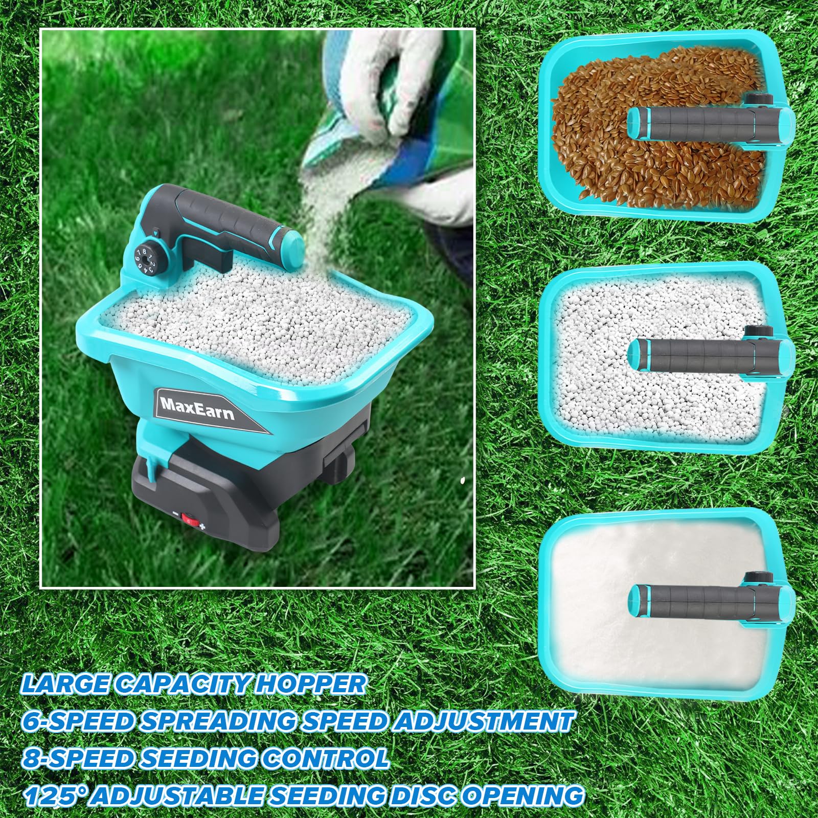 Rozsiewacz nawozu do akumulatora litowego Makita 18 V, regulowana szerokość rozsypywania, przenośny, ręczny rozrzutnik, idealny do siewu trawnika, nawozu, soli drogowej, pokrywa do 8000 m².