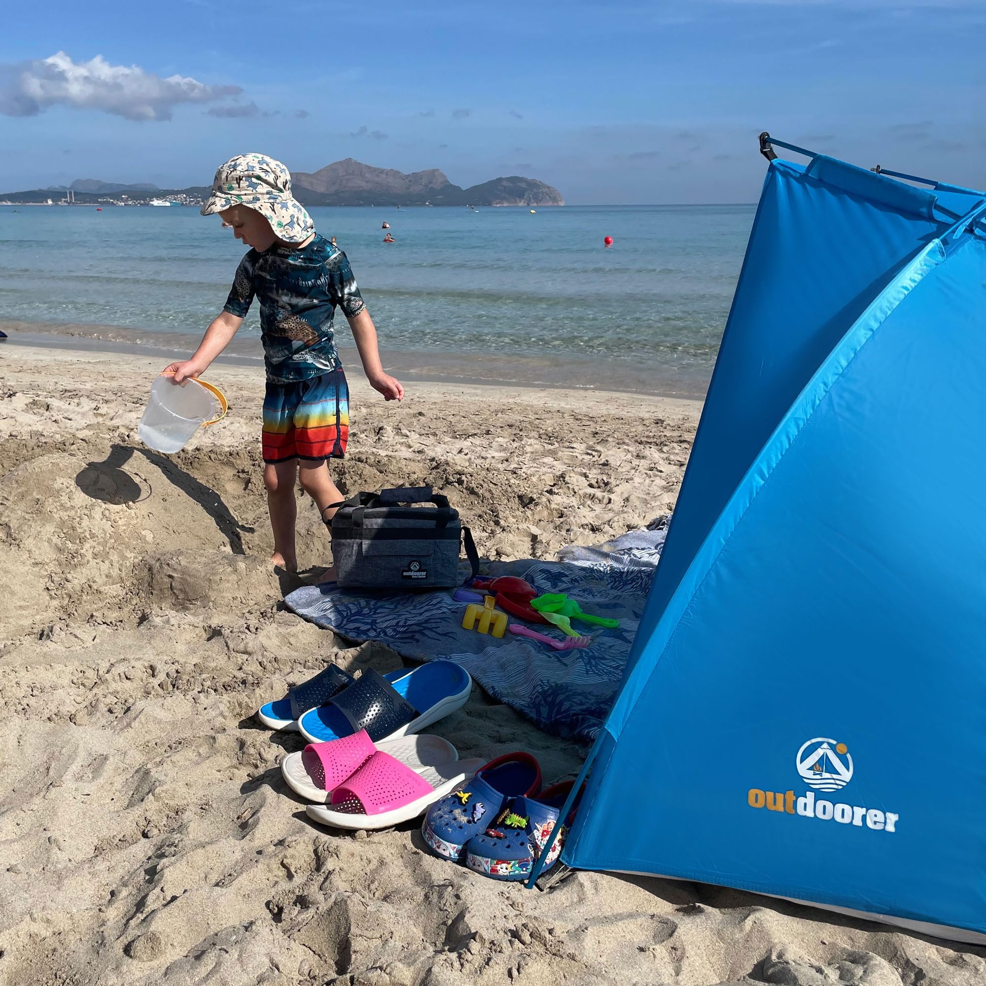 outdoorer tenda da spiaggia Helios Air 850 leggera, UV 80, compatta, ingombro ridotto per i viaggi, tenda da sole con aste in alluminio e ventilazione