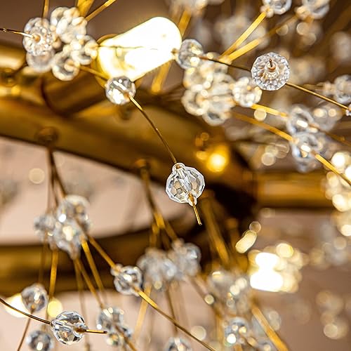 Miniatura 3 de Bombilla incluida, 8 luces de 31.5 pulgadas de ancho, lámpara de cristal de fuegos artificiales de oro antiguo, lámpara moderna de rueda de carro,