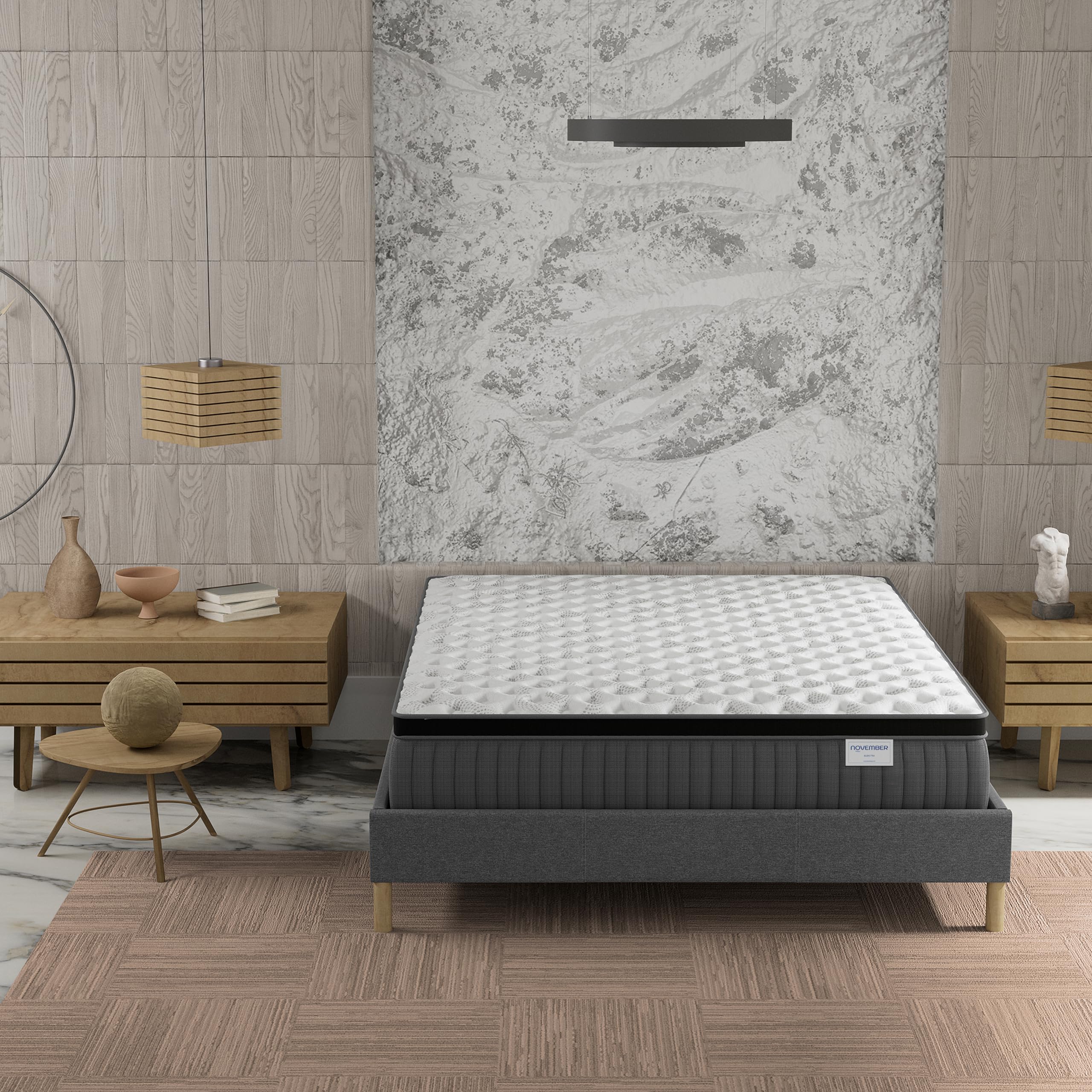 NOVEMBER- Ensemble Matelas + sommier (160 x 200cm)- Matelas Elekctra Ressorts ensachés & mémoire de Forme d’épaisseur 30cm + Sommier Bois Stable & Robuste revêtement Tissu Gris