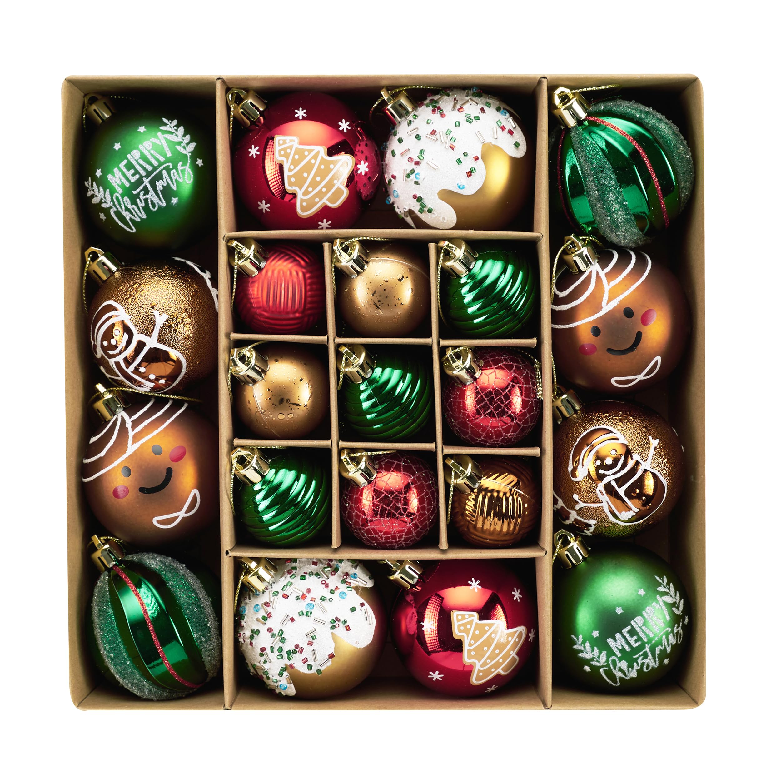 DecorbyHannah Christmas Ornaments Decorations,21ct Red Green Gold Christmas Tree Ornaments Set, Shatterproof Gingerbread Theme Decorative Hanging Ball Ornaments for Christmas Tree Table Decor