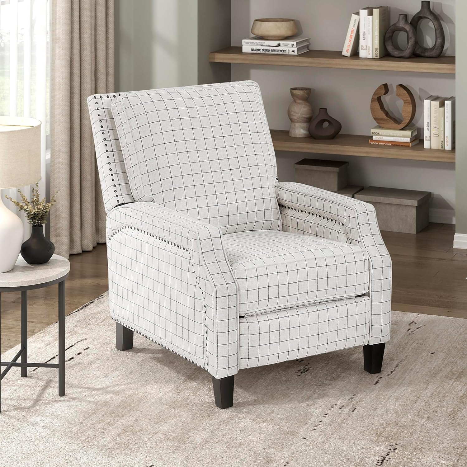 Lexicon Pushback Recliner Chair, Plaid Textured Fabric Armchair Push Back Reclining Chair, Nailhead Trim, Solid Wood Legs, Easy Assembly for Living Room/Office/Apartment, Off-White