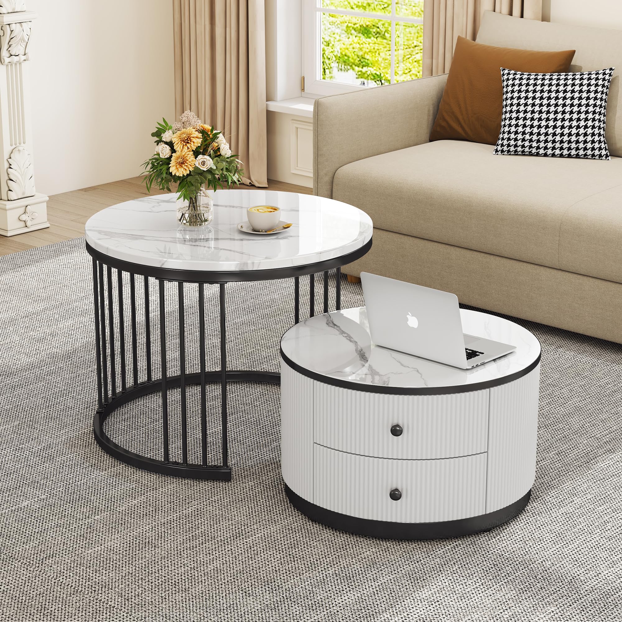 Merax Rund Couchtisch Set, 2-in-1 Beistelltisch Satztisch 2er Modern Elegant Wohnzimmertisch mit Stauraum, Nesting-Kombination, mit hochglänzender Marmoroptik/2 Schubladen, für Wohnzimmer Büro(Weiß