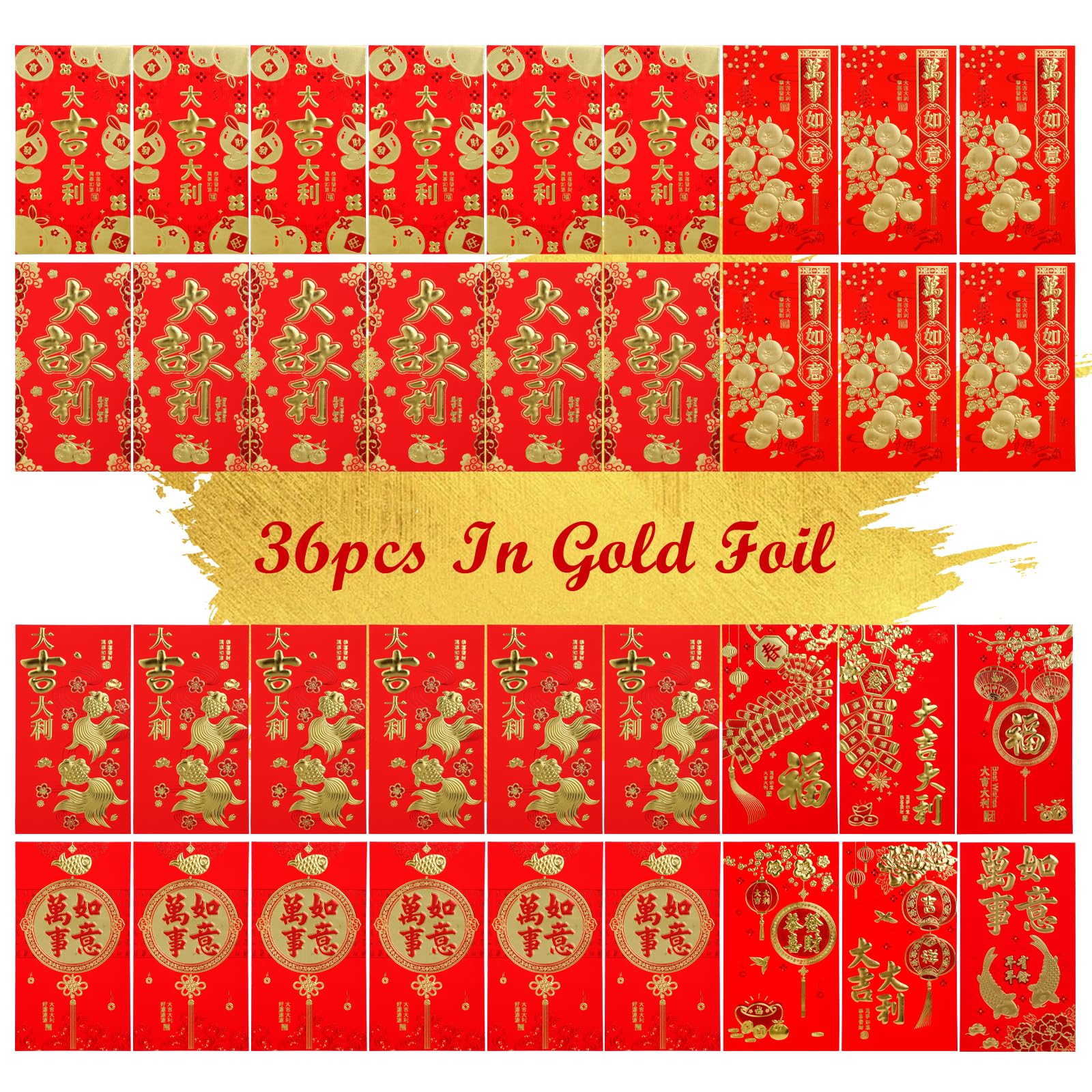 36 PCS Red Envelopes Chinese New Year, Lucky Money Packets 2024 Chinese Dragon Year HongBao Gift, Red Packet for Chinese Overseas(Gold Foil/New Year's Greeting)