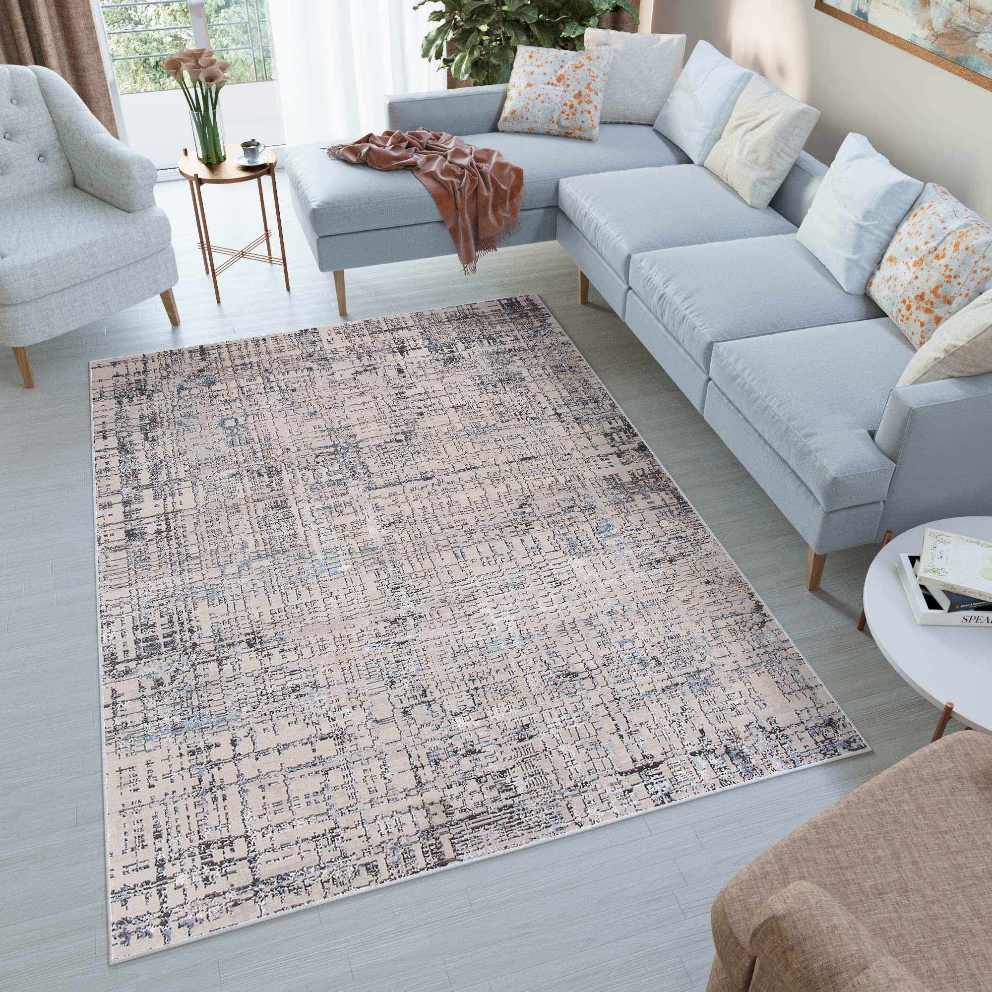 Tapiso Charleston dywan z krótkim włosiem, niebieski, szary, fioletowy, nowoczesny, rozmazywany w stylu vintage, melanż, do salonu, sypialni, Ökotex 140 x 200 cm