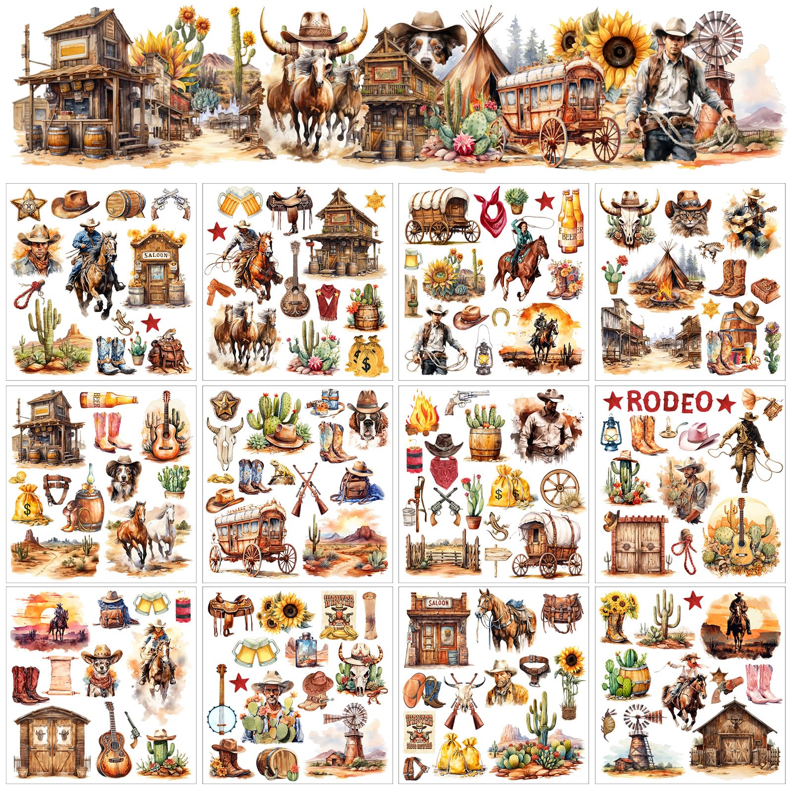 BBTO 12 Sheets Rub on Transfers for Crafts and Furniture Rub on Transfer Stickers Decals for Wood DIY Paper Home Decor, 5.5 x 5.7 Inch(Cowboy)