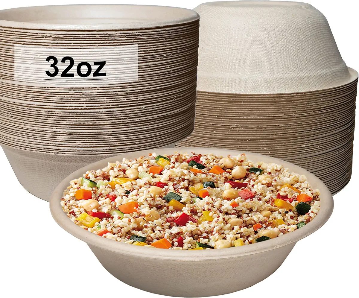 [50 Pack] 32 oz Round Disposable Compostable Paper Bowls Heavy-Duty, Eco-Friendly Natural Bagasse Unbleached, Heat Resistant, 100% Biodegradable Salad Bowls Alternative to Plastic