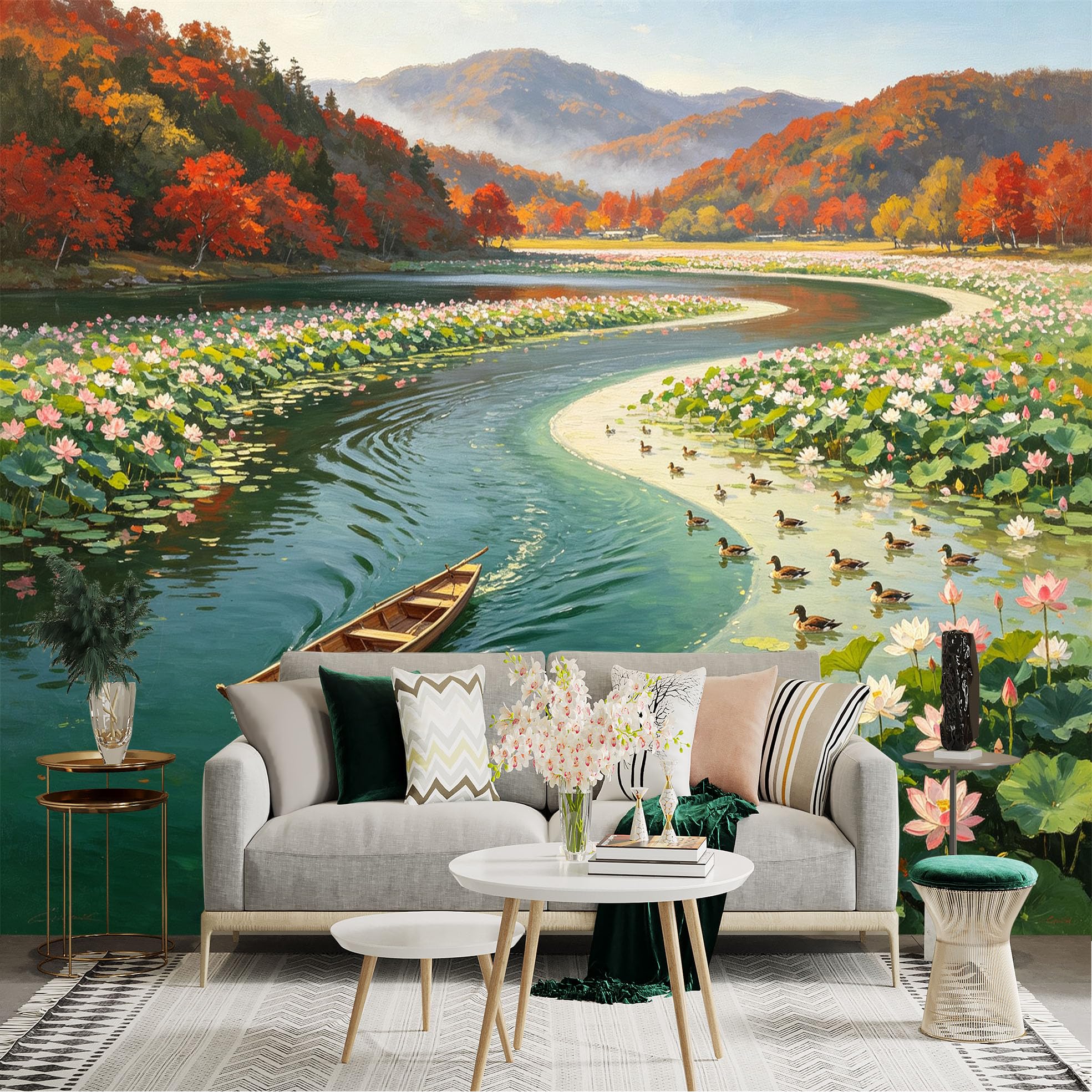 Custom Size Wall Sticker Mural， Wooden Boat on Lotus Pond， Autumn Forest Landscape， Scenic Riverside View， for wall Decoration， peelandstick wall Decals.