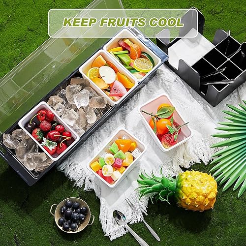 Miniatura 5 de Tessco Bandeja para decorar con tapa, contenedor de condimentos refrigerado con cuchara de hielo de acero inoxidable, 3 pinzas de metal, 3 tenedores