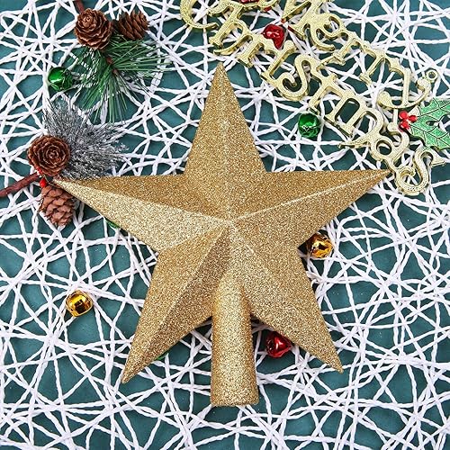 Vista 5 de Aneco - Estrella con brillantina para decorar el arbolito de navidad, decoración para la parte de arriba del arbolito Dorado