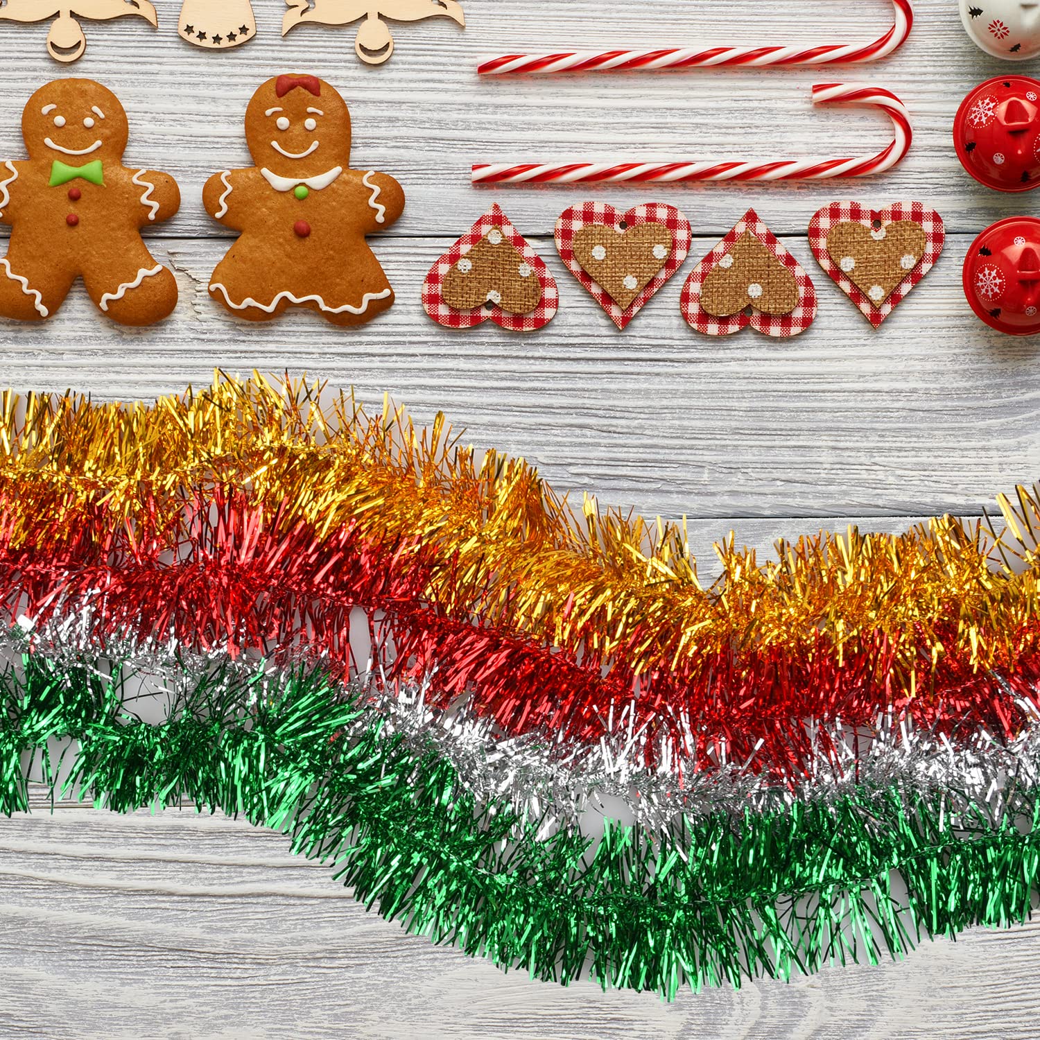 Jomnvo 4 Pieces Christmas Tinsel Garland Metallic Red Green Gold Silver Tinsel Garland Hanging Decoration Glitter Ribbon Shiny Christmas Tree Ornaments (4) - Image 3