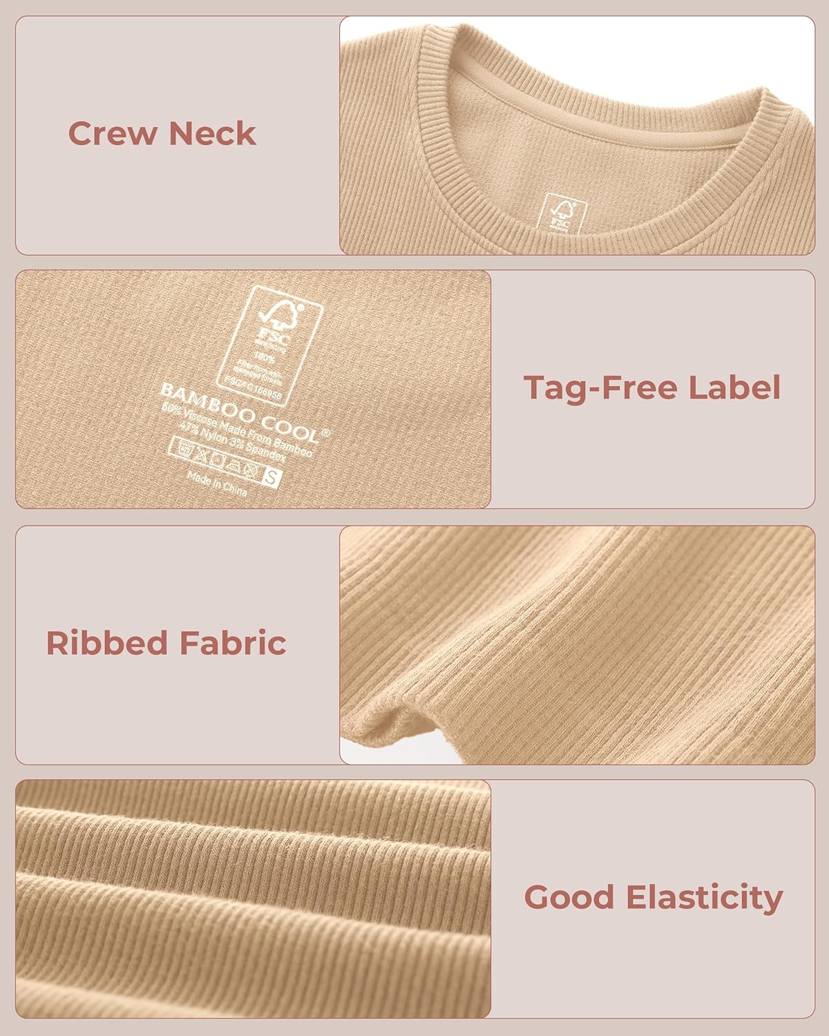 BAMBOO COOL Women's Seamless Tight T-Shirts Slim Fit Basic Ribbed Tees Short Sleeve Crew Neck Top - Image 5