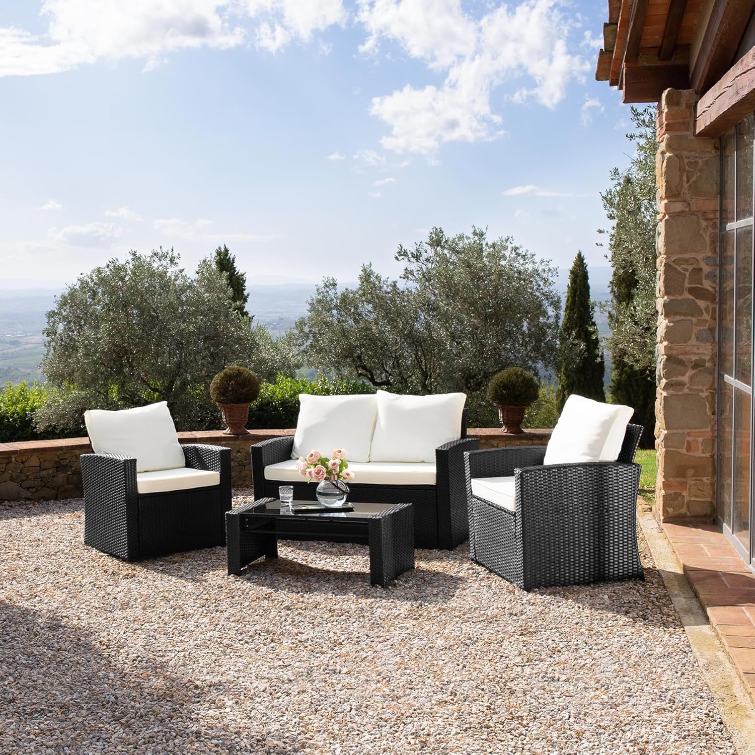 TecTake® Rattan Garden Lounge Set, Chic Design, 2 seater sofa, 2 Armchairs and 1 Table with Removable Glass Top, Comfortable Seat and Back Cushions, for garden, patio, balcony - grey