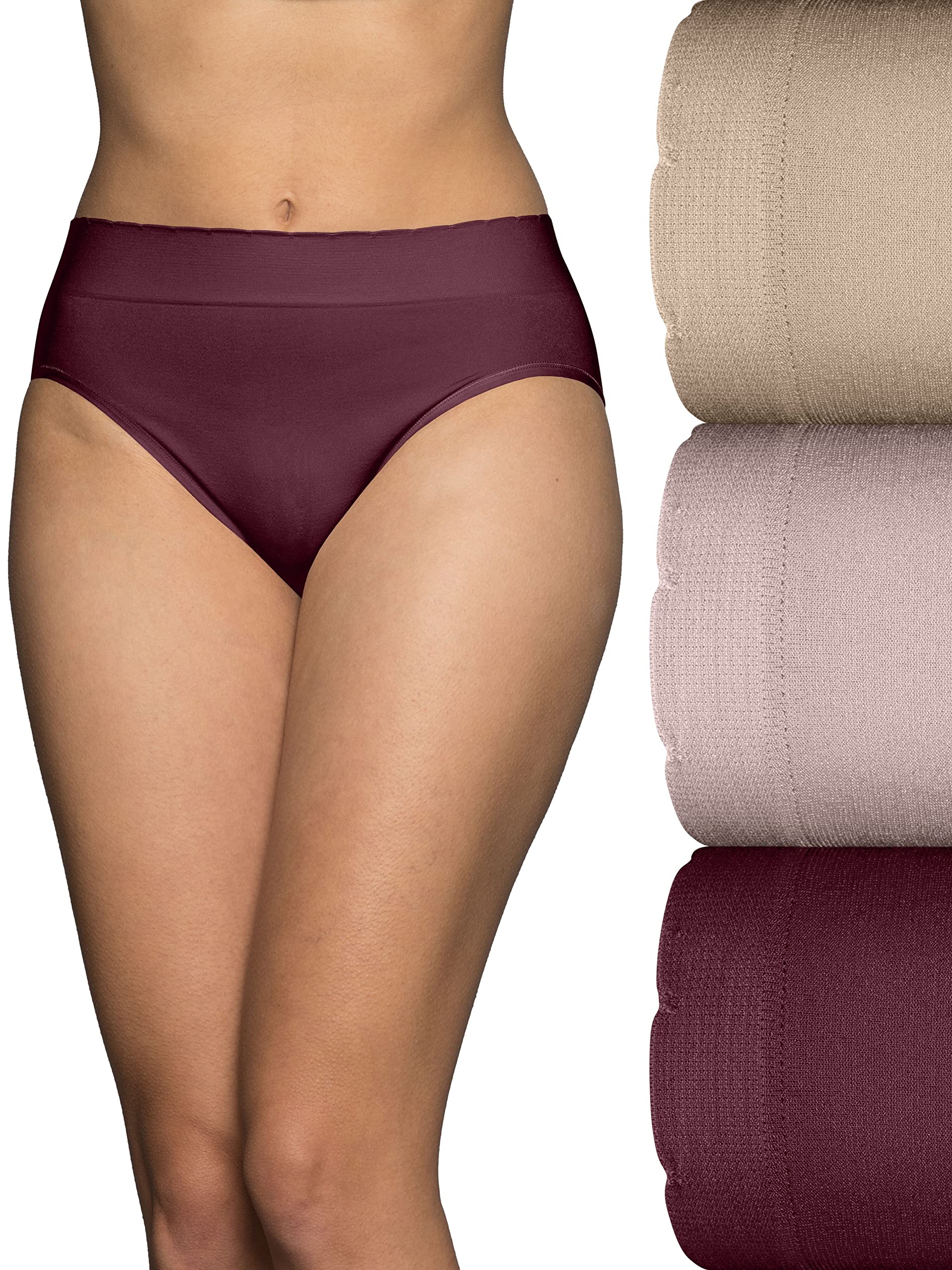 Vanity FairWomen's No Pinch No Show Seamless Underwear, Hi Cut-3 Pack-Maroon/Quartz/Neutral, 6