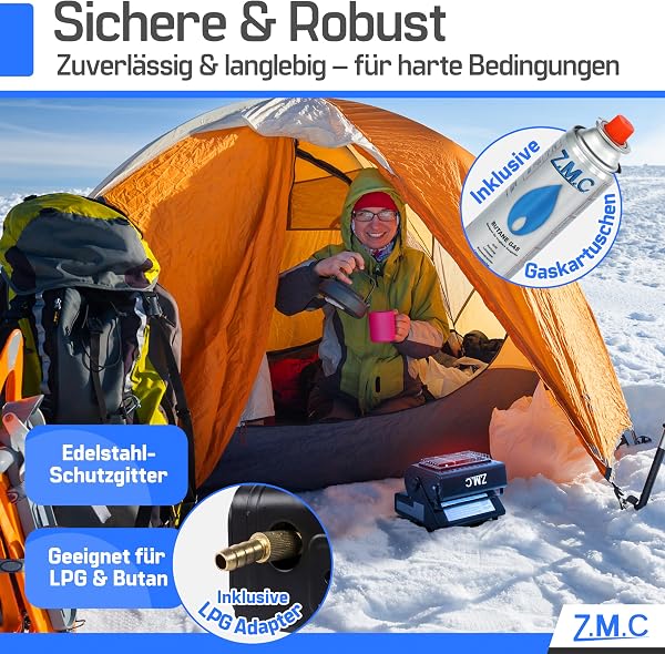 Z.M.C Réchaud Portable 2 en 1 Avec Raccord GPL + 8 Cartouches de Gaz 227 g, Chauffage de Camping 1,3 kW, Mobile pour l'Extérieur Avec Allumage Piézo - 3