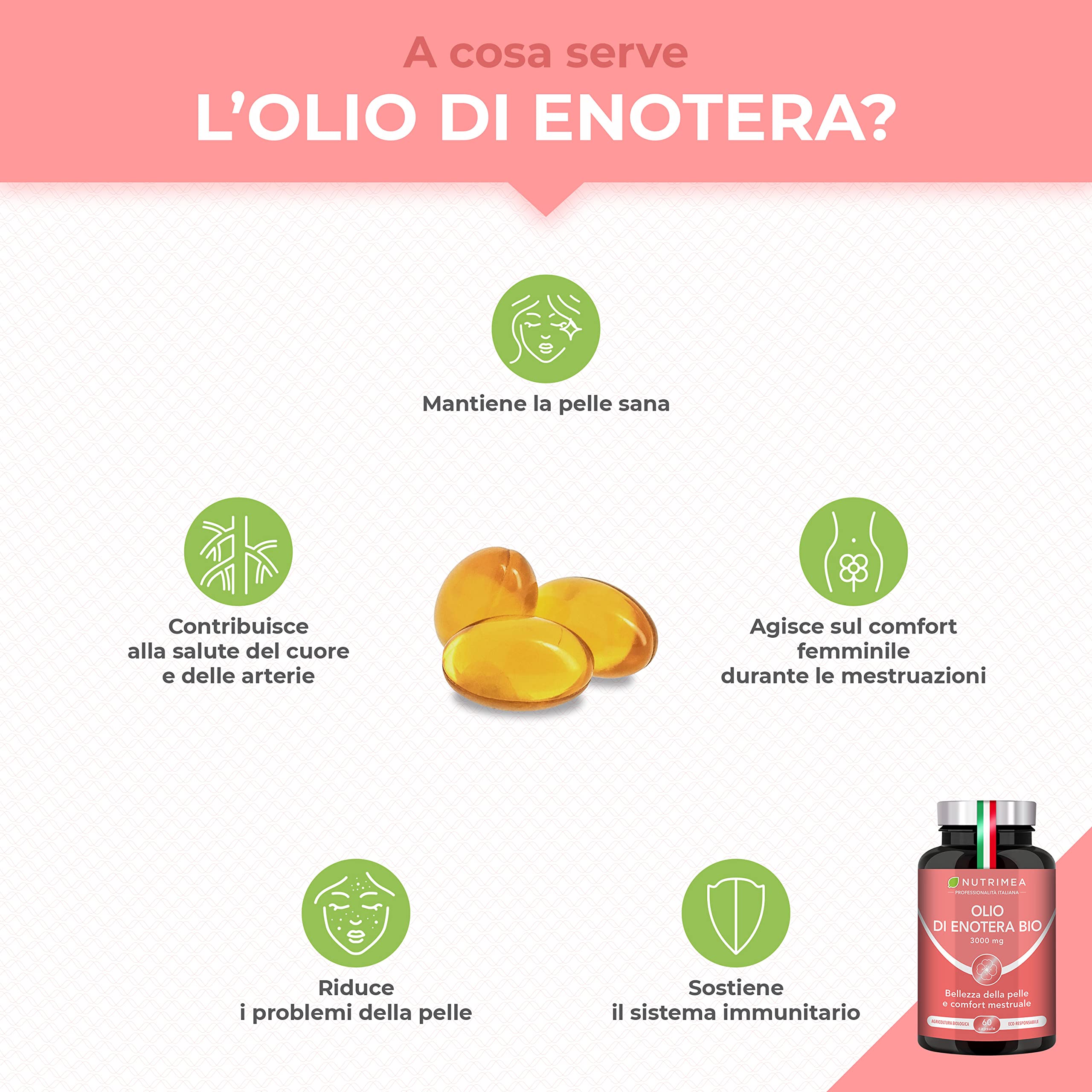 Olio di Enotera BIO | 3000 mg di cui 270 mg di GLA | Spremuto a freddo | 100% naturale | Comfort premestruale e bellezza della pelle | Qualità premium | 60 capsule