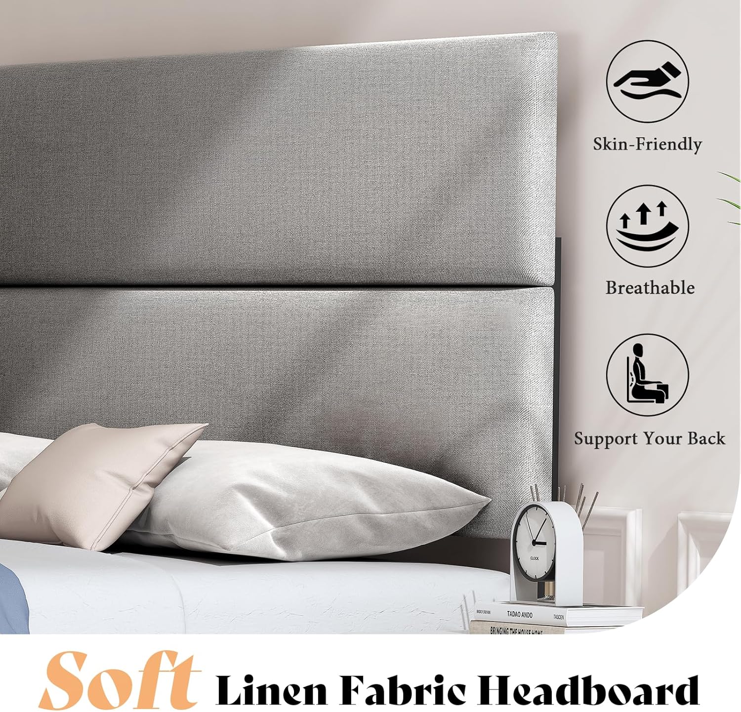 AMERLIFE Twin Size Bed Frame with Linen Adjustable Headboard, Upholstered Platform Bed/Strong Wood Slats Support/Easy Assembly/No Box Spring Needed/Noise-Free/Light Grey