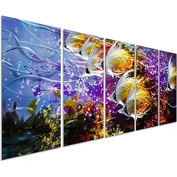 Amazon Com Colorful Tropical School Of Fish Metal Wall Art Painting Large Metal Wall Decor In Tropical Ocean Design 3d Wall Art For Modern And Contemporary Decor 5 Panels 24 X 64 Perfect For Home