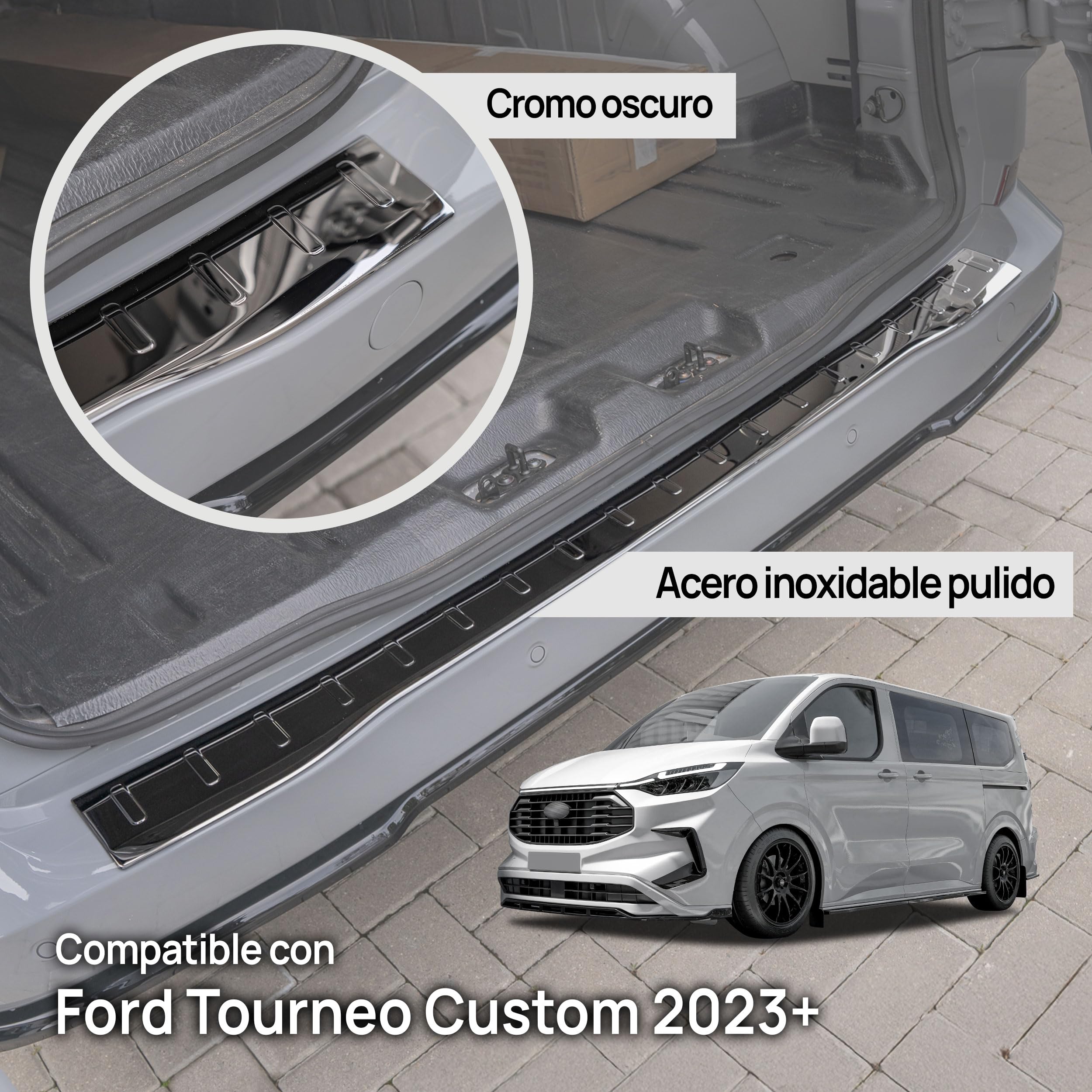 CHROMEMASTER | Protector de Parachoques Trasero Compatible con Ford Tourneo Custom 2023+; Acero Inoxidable, Pulido, Cromo Negro; Tira Protectora Protege la Pintura del Parachoques Trasero de Daños