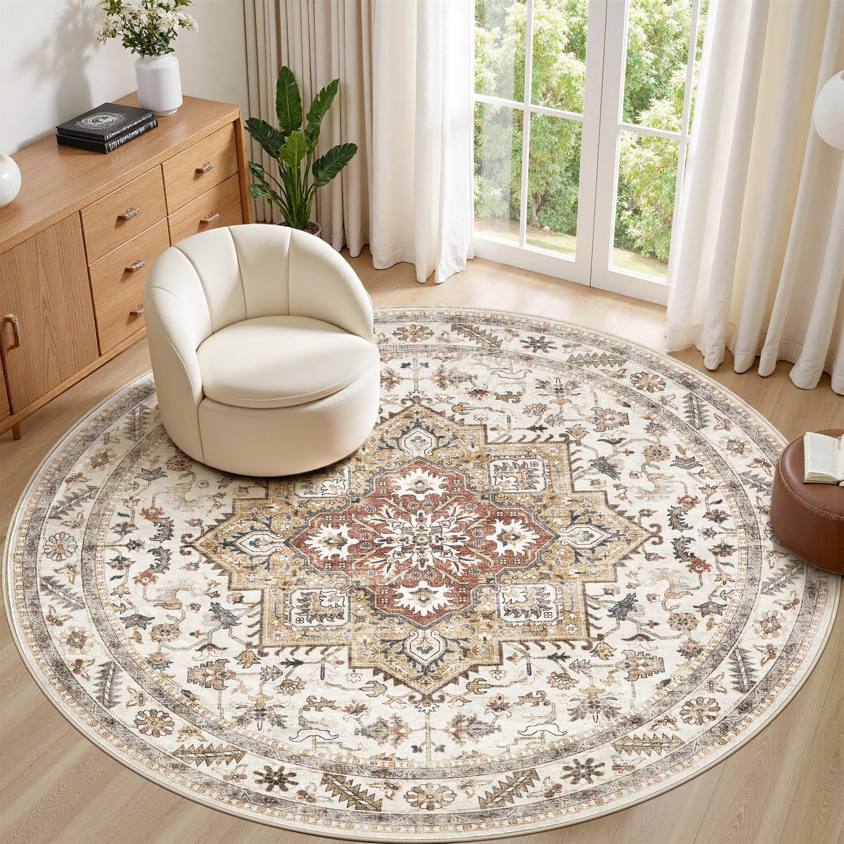 8ft Round Vintage Living Room Area Rug - 8x8 Large Soft Washable Oriental Traditional Distressed Farmhouse Rugs for Bedroom - Indoor Floor Accent Carpet for Home Office House Decor - Golden Taupe โ image 1