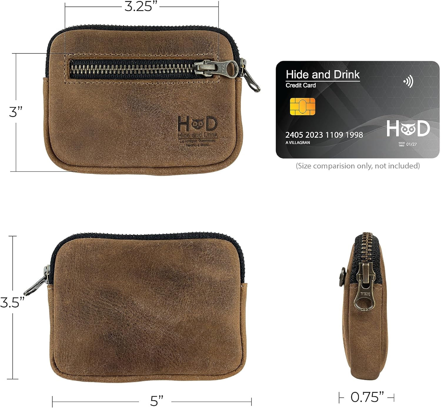 Hide & Drink, Zippered Wallet, Business Card and Money Holder, Compact Pocket Organizer, Full Grain Leather, Handmade Everyday Accessories, Bourbon Brown - Image 6