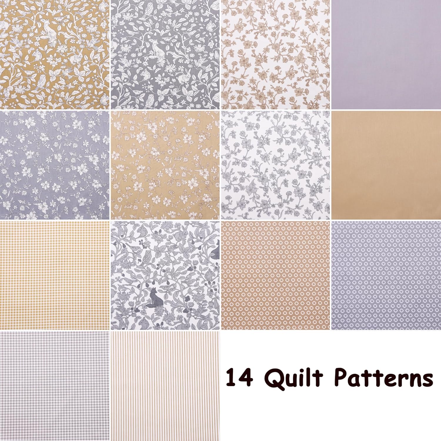 14Pcs Striped Gingham Solid Floral Print Fat Quarters Fabric Bundles 18x22 Inches - Precuts Cotton Fabric Squares for Quilting, Sewing, Crafts, Pet, Home Décor, and Apparel, Brown & Grey