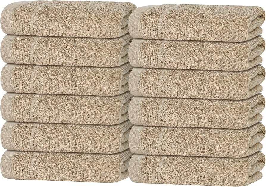 Tens Towels Pack of 12 Washcloths, 12 x 12 Inches, Lighter Weight, Quick to Dry, Super Soft & Absorbent, Gentle Face Towels, Hotel Quality, Perfect for Bathroom, Gym, Spa (Beige, 12 Pack)