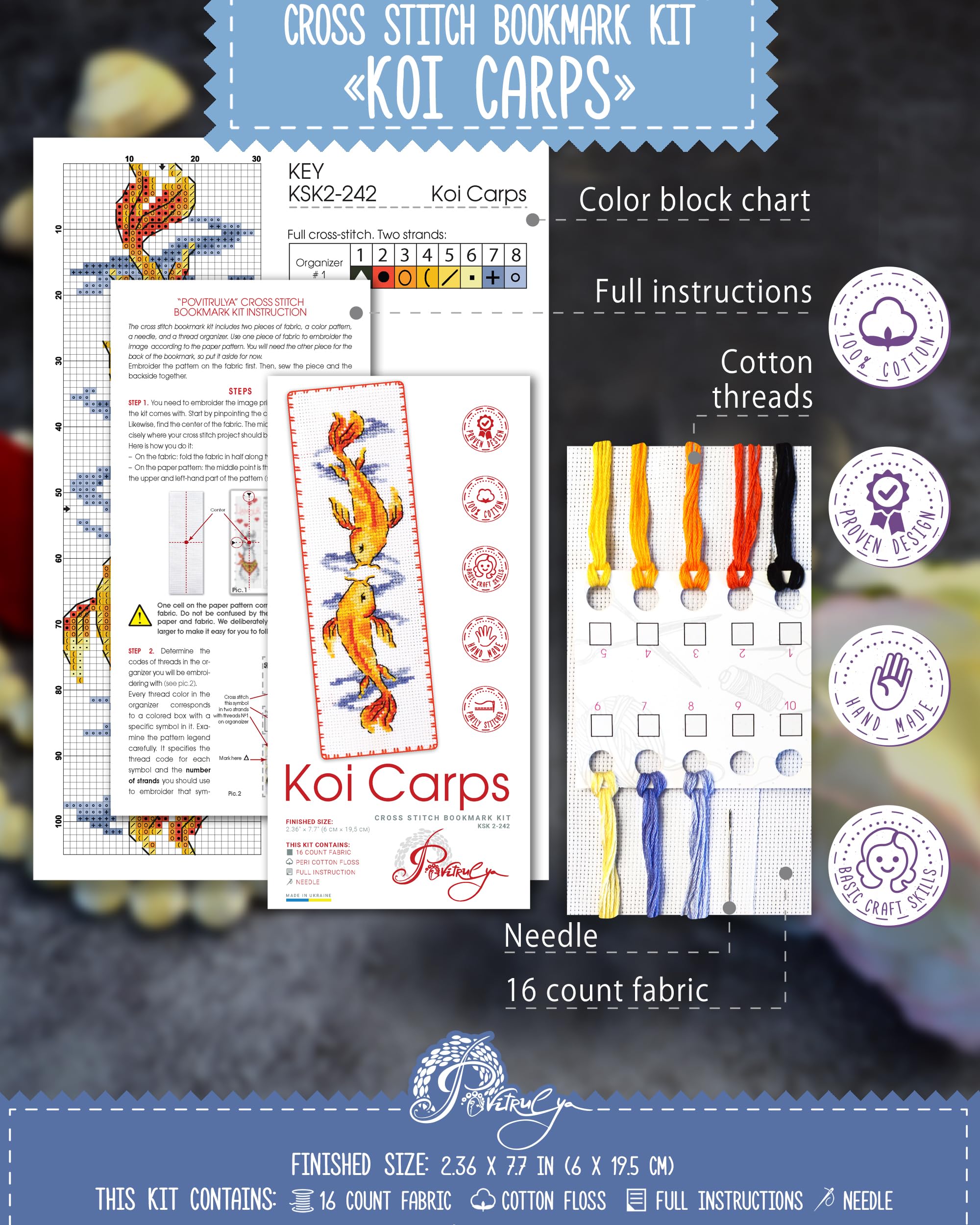 Povitrulya Koi Carp, Counted Cross Stitch Bookmark Kit - Image 2