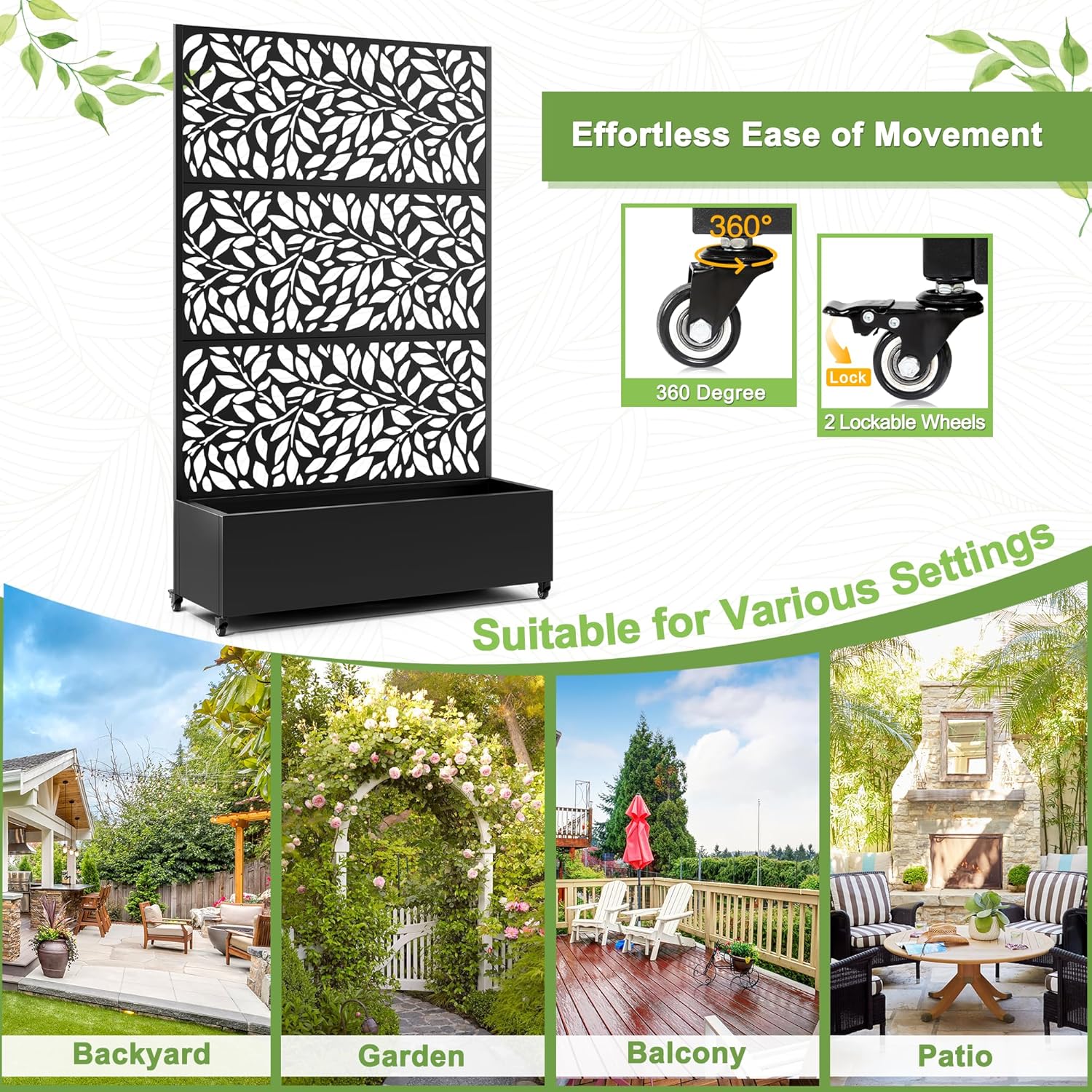FENCY Metal Raised Garden Bed with Wheels and Trellis,73"x47"x16" Planter Box for Climbing Plants, Vegetables & Vines, Features Privacy Screen and Drainage Holes (Black-Leaf-2)