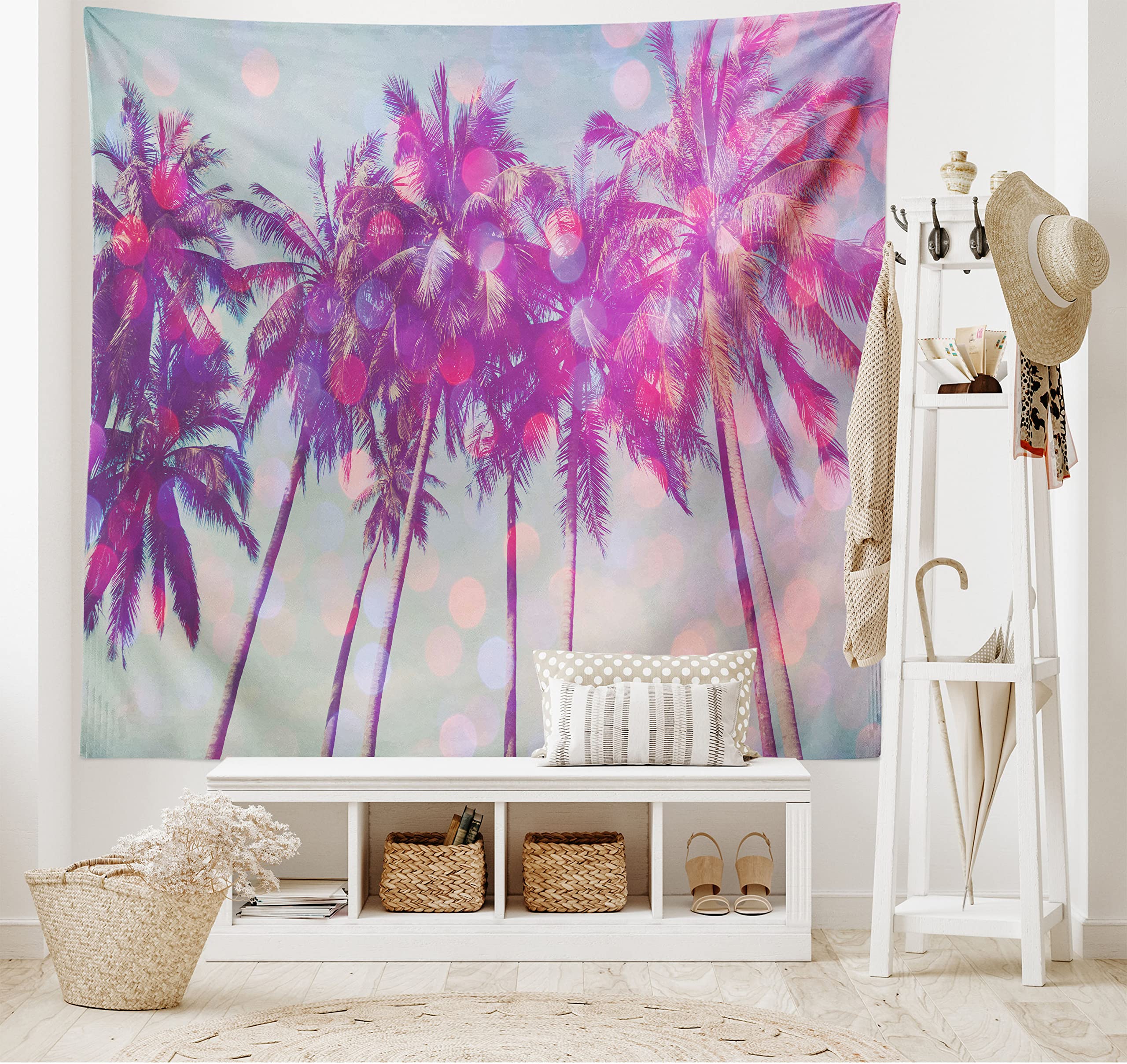 Ambesonne Nature Tapestry, Palm Trees Hawaiian Tropic Seashore Beach Californian Miami Sunbeams Image, Wide Wall Hanging for Bedroom Living Room Dorm, 80