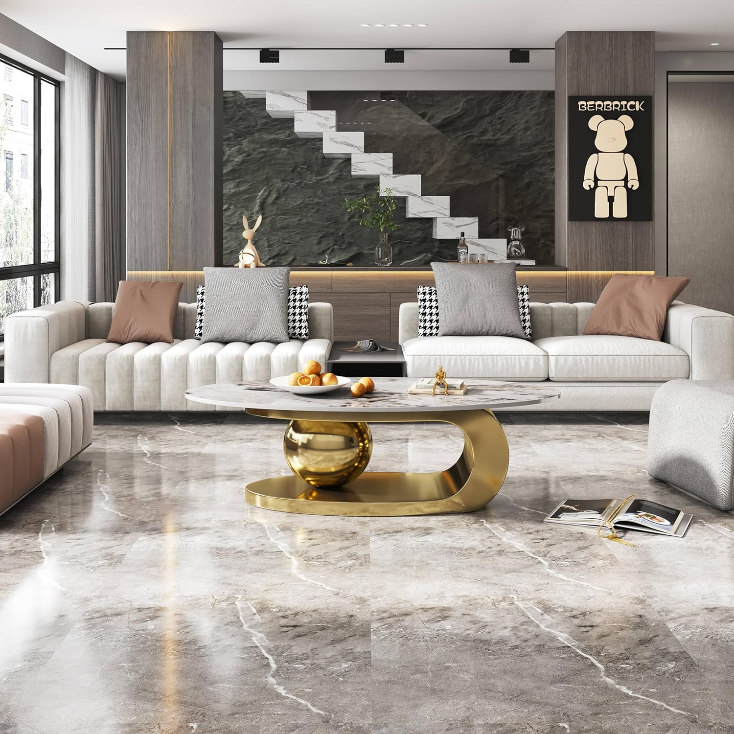 51.2" Oval Coffee Table, Modern Faux Marble Coffee Table with Sintered Stone Tabletop, Large Unique Center Table with Gold Stainless Steel Base for Living Room, Golden+White