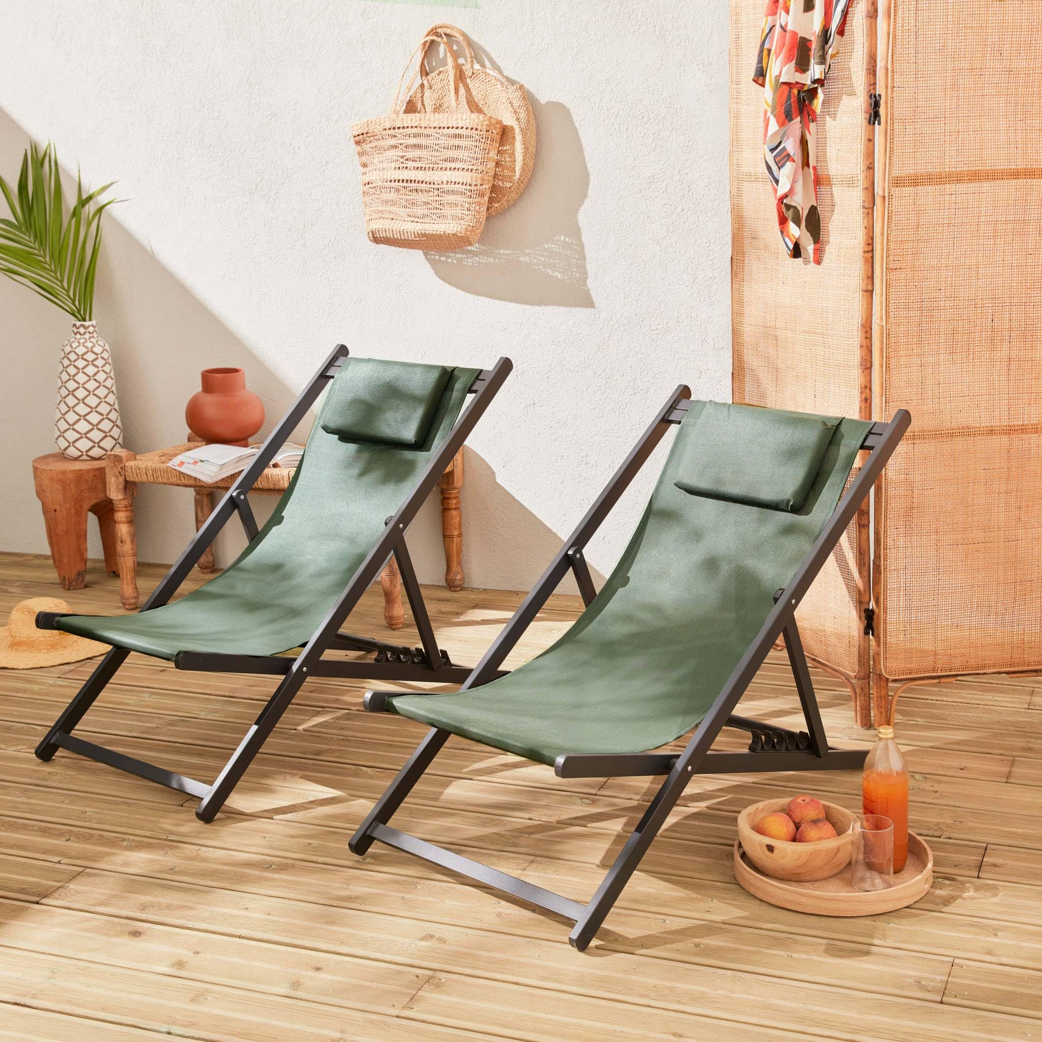 Set 2 sedie sdraio in alluminio textilene multiposizione Verde kaki - 99x88.5x58 cm