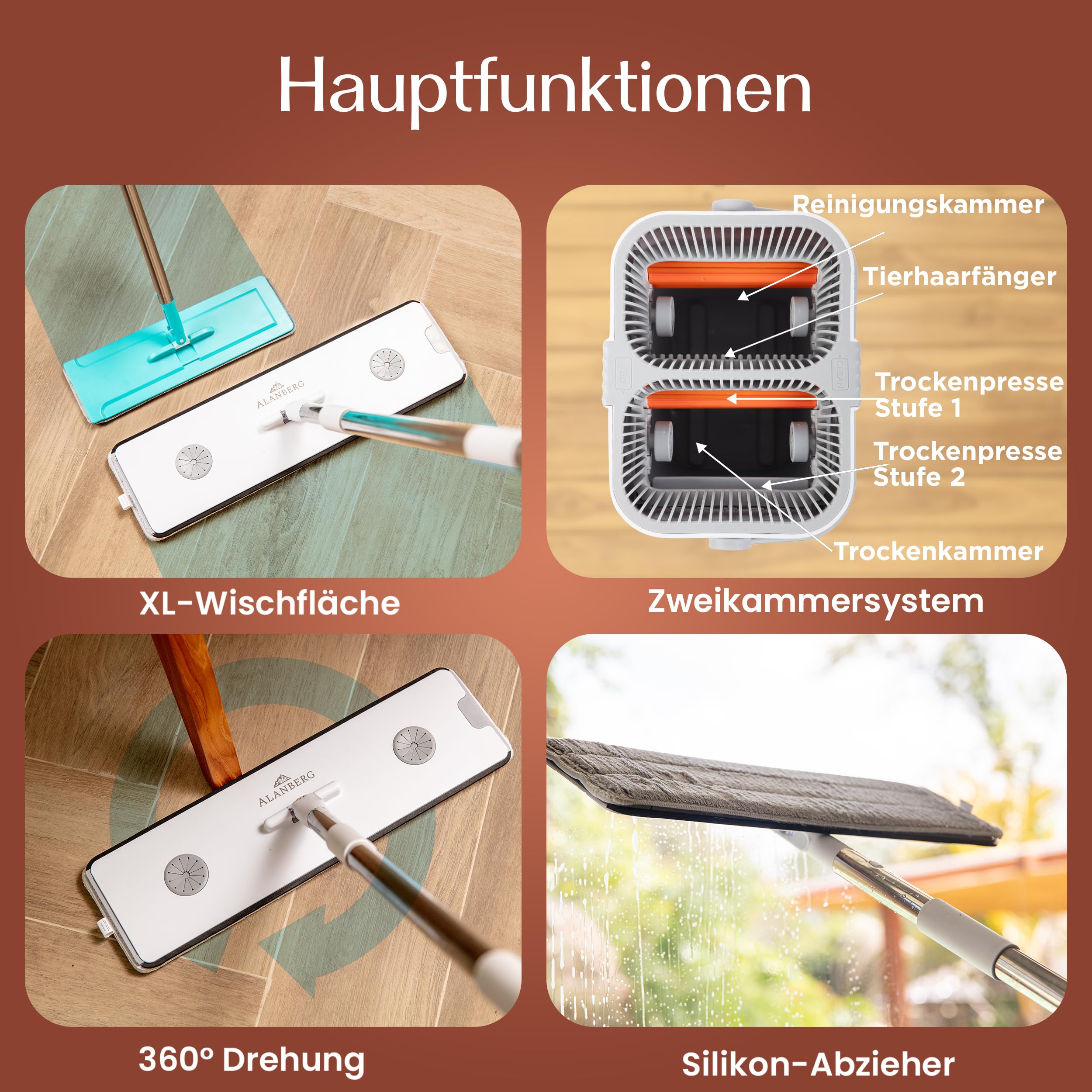 ALANBERG Wischmopp Set mit Eimer, Bodenwischer XL 40 cm, Weiß | Edelstahl-Teleskopstiel 143-181 cm, 2 Mikrofaser-Pads, Selbstauswringung, Tierhaarentferner, für Hartböden