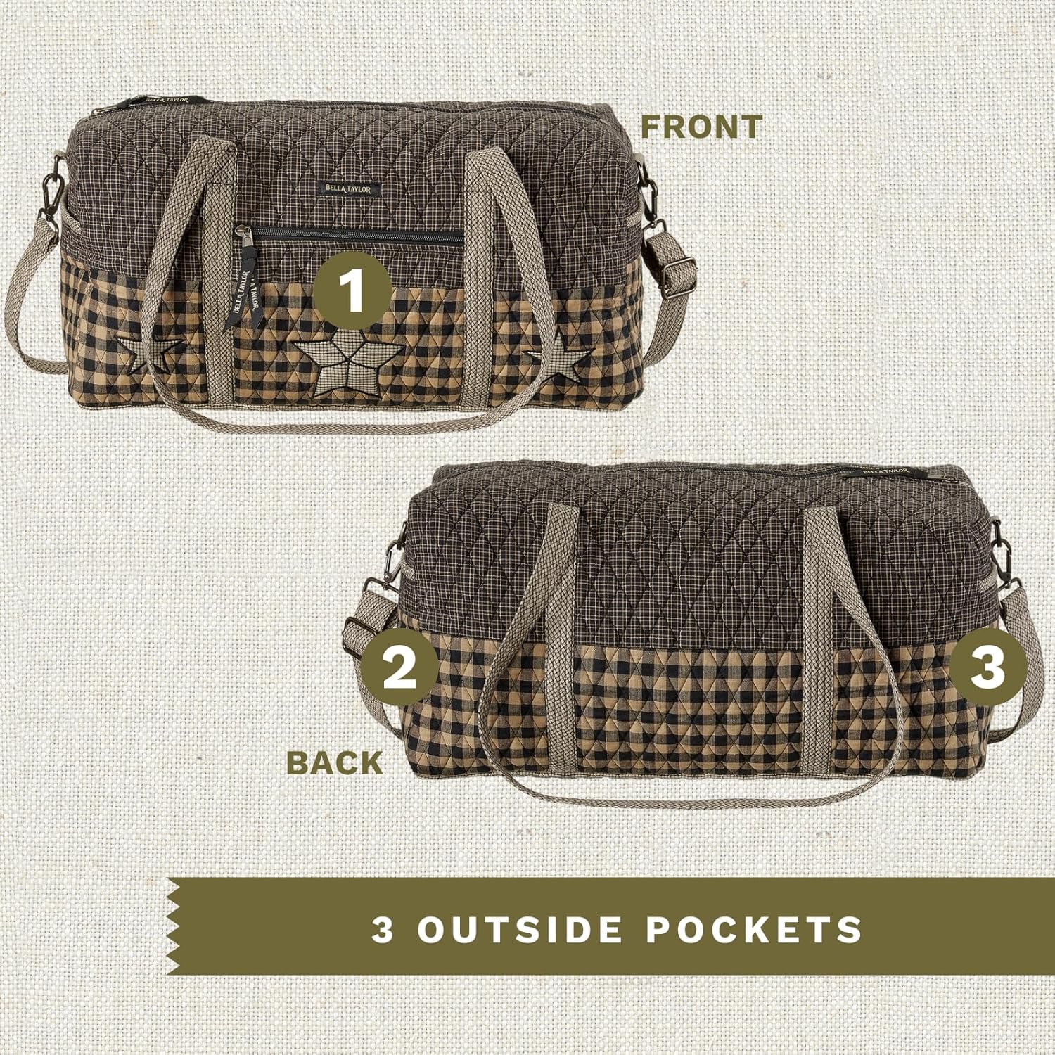 Bella Taylor Quilted Duffle Bag for Women, Large Carry On Travel Weekend Bag, Farmhouse Star Black and Tan Cotton Check - Image 5