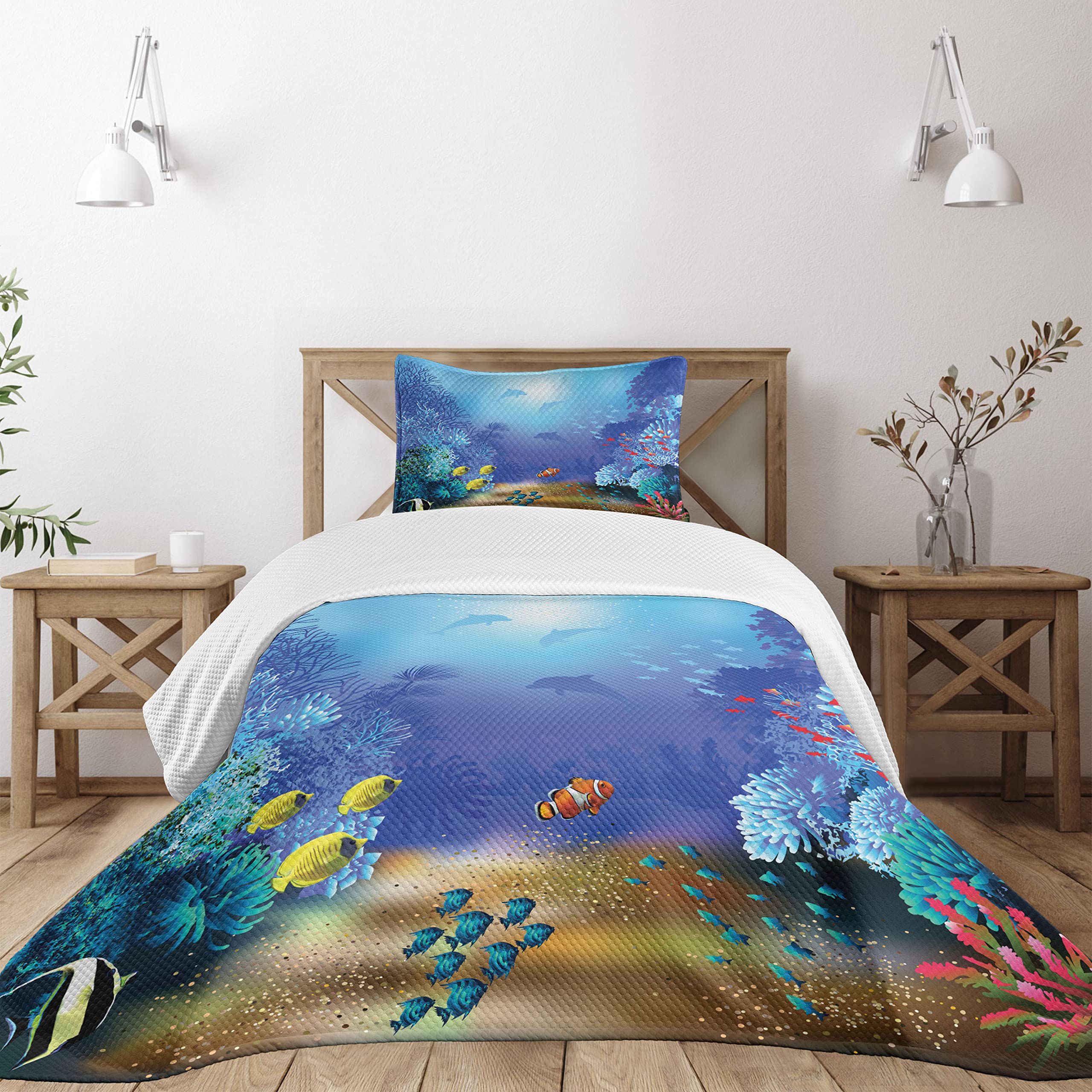 Colcha de arrecife de coral y delfines para transformar tu habitación en un oasis del océano