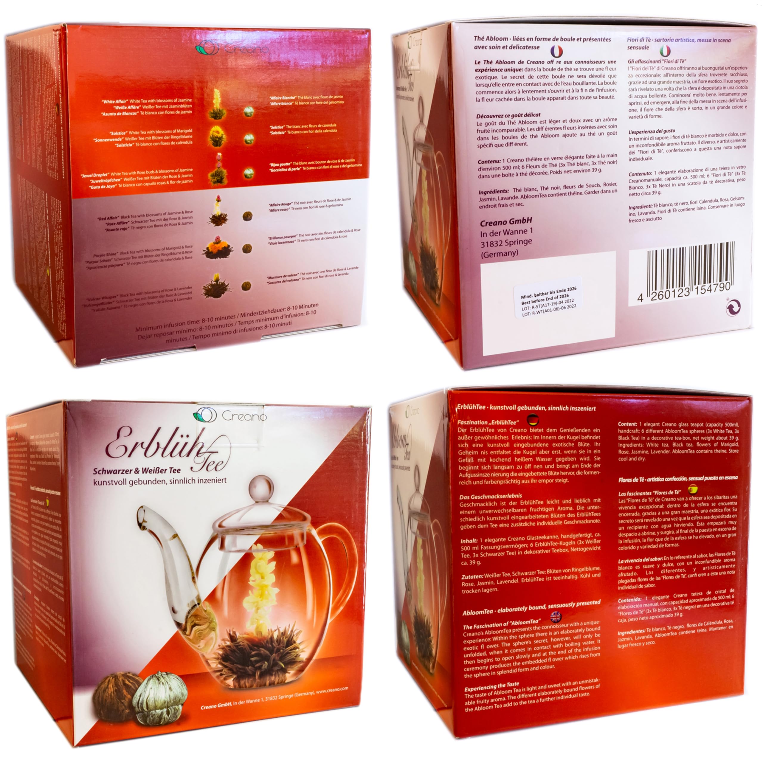 Creano Coffret Cadeau Fleurs de Thé Mix 6 pcs – Théière en Verre 500ml sans goutte – 3x Thé Noir & 3x Thé Blanc – Idée Cadeau Femme, Maman, Anniversaire