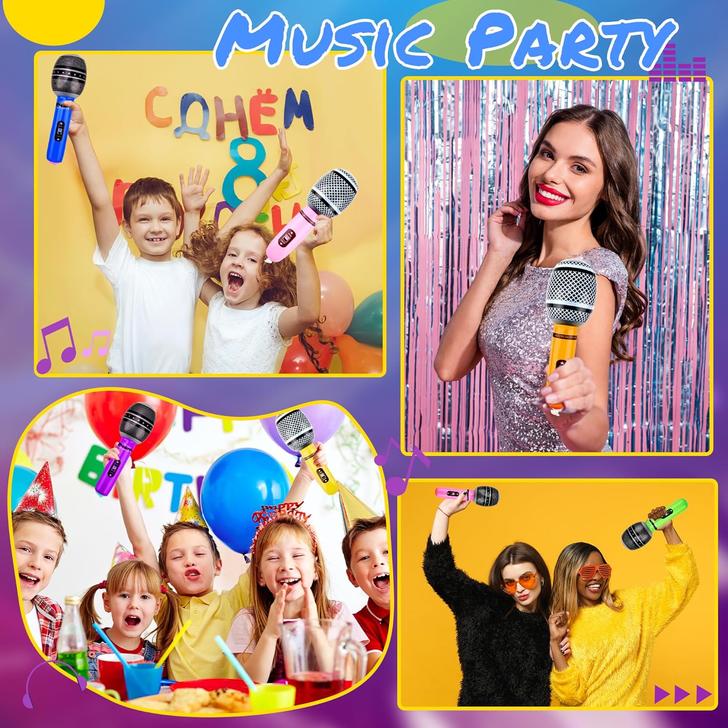 膨張式マイク84個 バルク大型ブローアップマイク アソートカラー インフレータブルマイク ごっこ遊び用マイク 誕生日 80年代 90