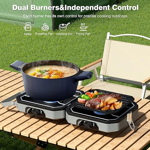 Miniatura 3 de Estufa de campamento de 2 quemadores, portátil, plegable, doble combustible, propano y butano, 15700 BTU con parrilla, 2 quemadores ajustables,