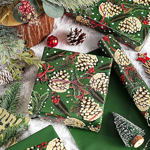 Vista 162 de WRAPAHOLIC Papel de regalo reversible de Navidad, mini rollo, 17 pulgadas x 33 pies, diseño de gnomo azul morado y cuadros con brillo metálico