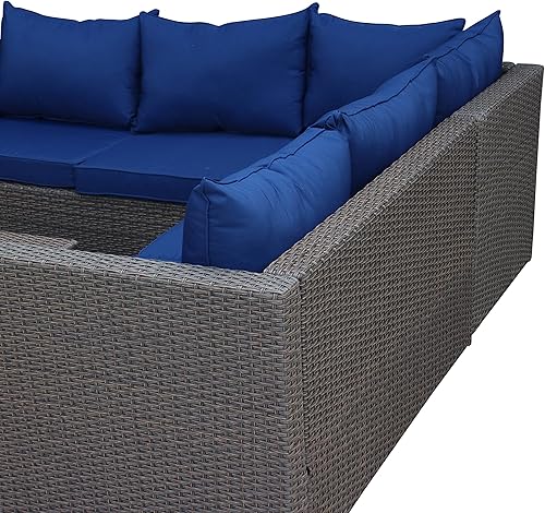 Miniatura 8 de Juego de muebles de patio para exteriores con mesa de centro cuadrada otomana, sofá modular de 4 piezas, mimbre de ratán marrón moderno con cojines