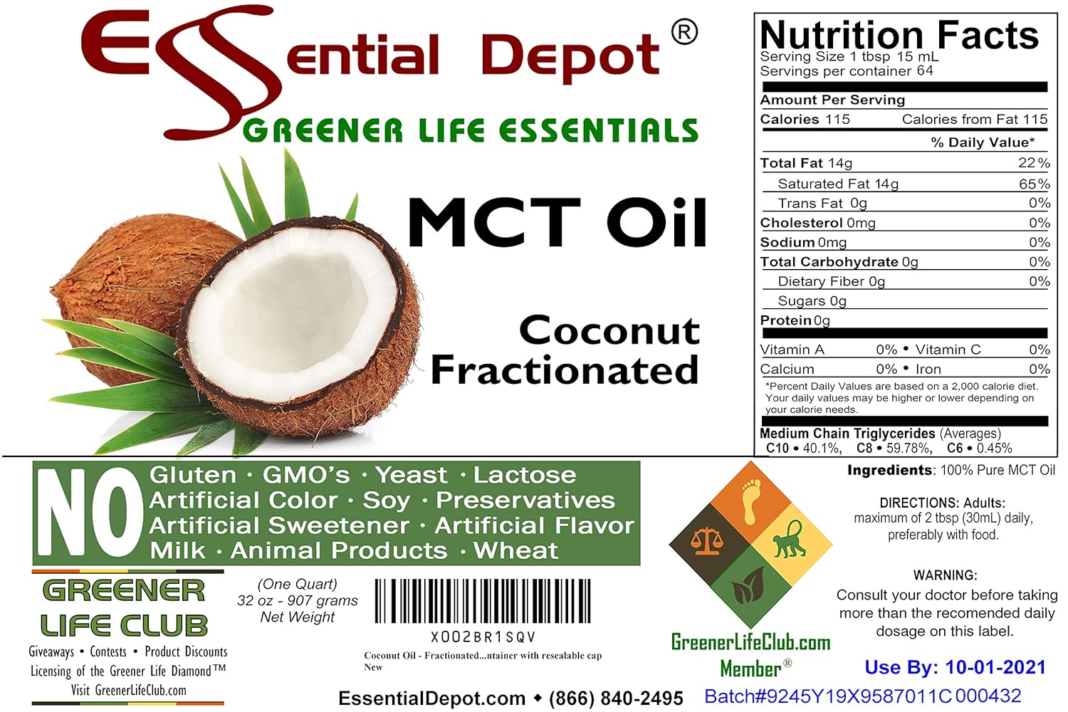 Coconut Oil - Fractionated - MCT (medium-chain triglycerides) - 5 x 1-Quart (32 oz) - liquid - Food Grade - Safety Sealed Resealable HDPE Container, Microwave Safe (remove foil seal), Freezer Safe