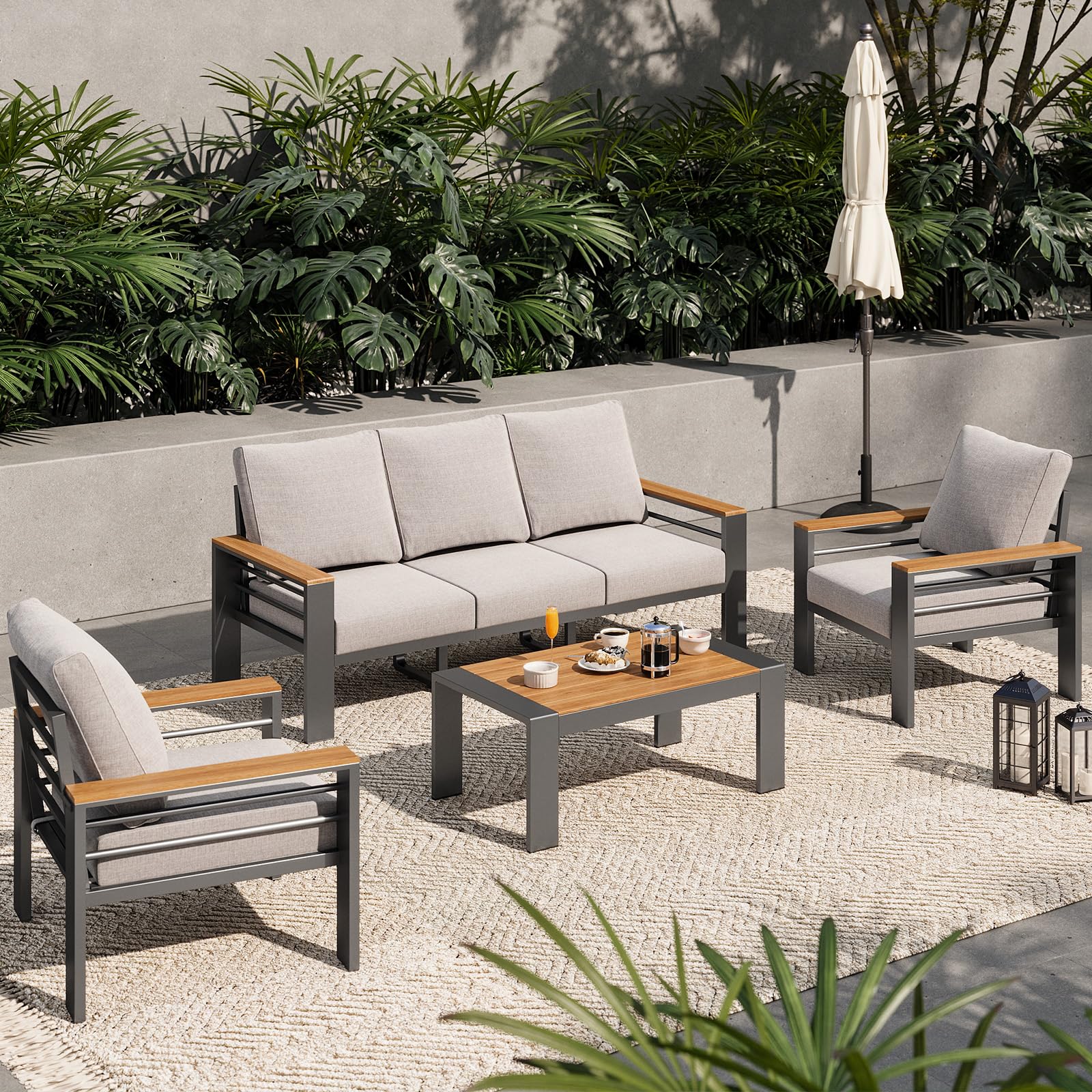 Aoxun Aluminum Outdoor Patio Furniture Set, 5 Seats Outdoor Sectional with Coffee Table, Patio Conversation Sets with Upgraded Armrests and Cushions for Backyard, Garden and Poolside?Grey?,Incomplete Box 1 of 2 only 