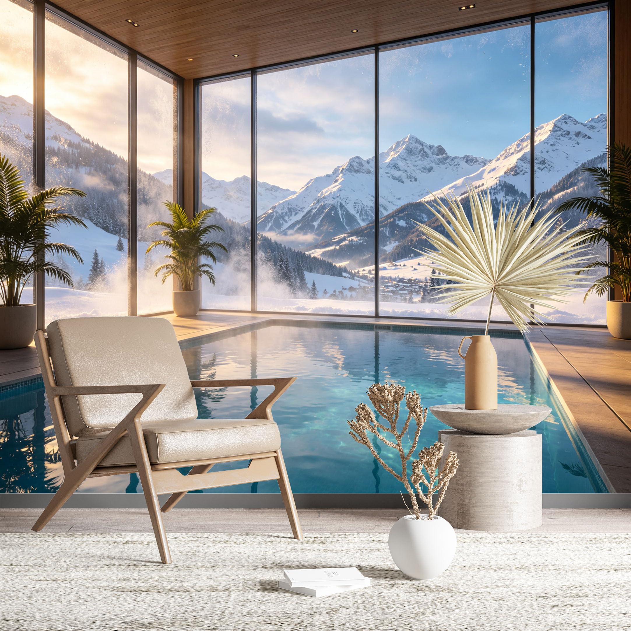 Custom Size Wall Murals Indoor Pool with Snowy Mountain View Wall Murals Lifestyle Wallpaper Wall Stickers Self-Adhesive Removable Wallpaper for Living Room