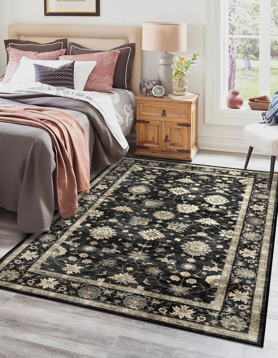 LUXRUG 3x5 Washable Area Rug - Small Entryway Rug Non-Slip Charcoal Black Vintage Traditional Floral Kitchen Rugs Low Pile Boho Entry Carpet Throw Rugs for Living Room Bedroom Bathroom Entrance Office
