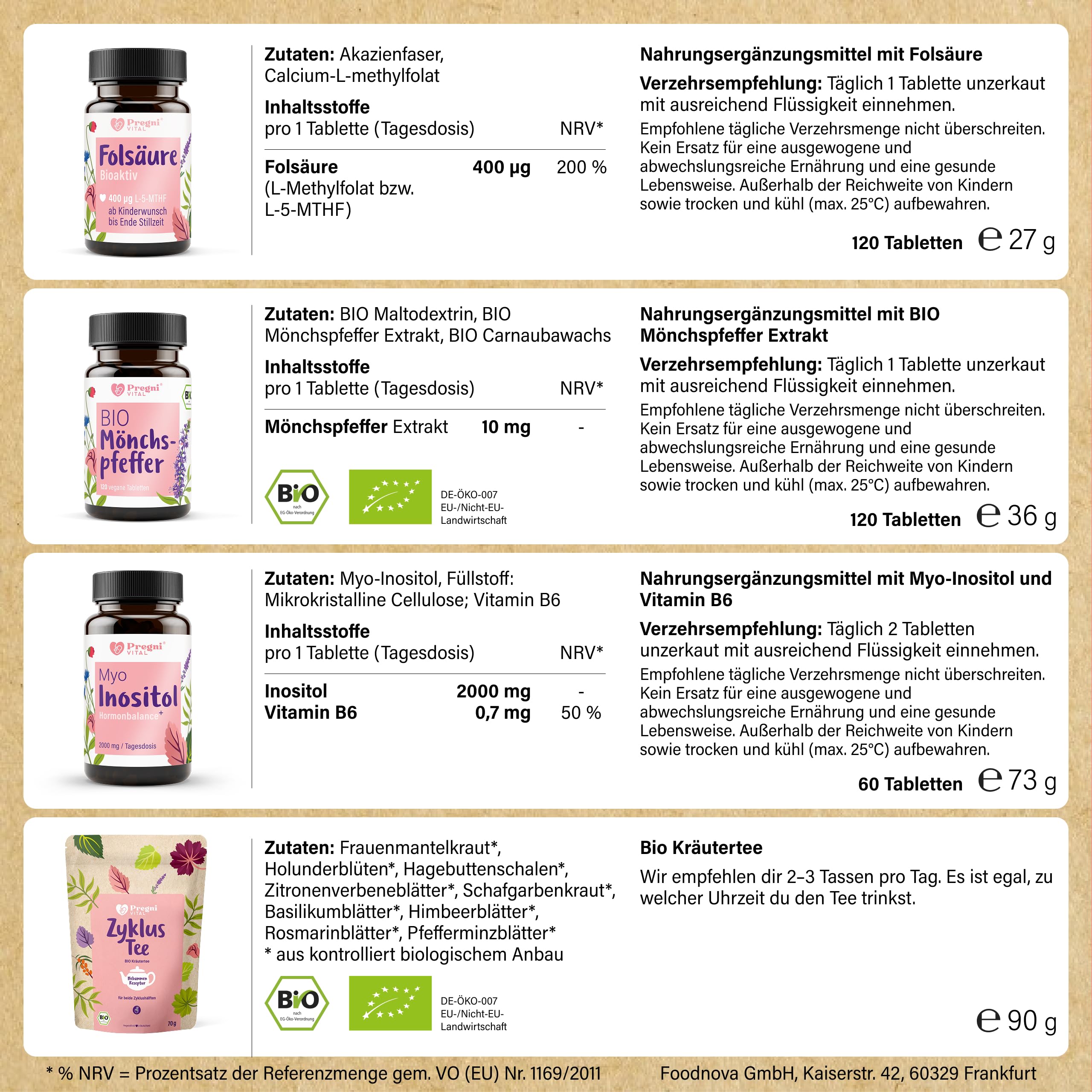 PregniVital Kinderwunsch Vitamine & Zyklus Set, Folsäure 400 µg, Mönchspfeffer Bio, Myo-Inositol B6 und Zyklustee